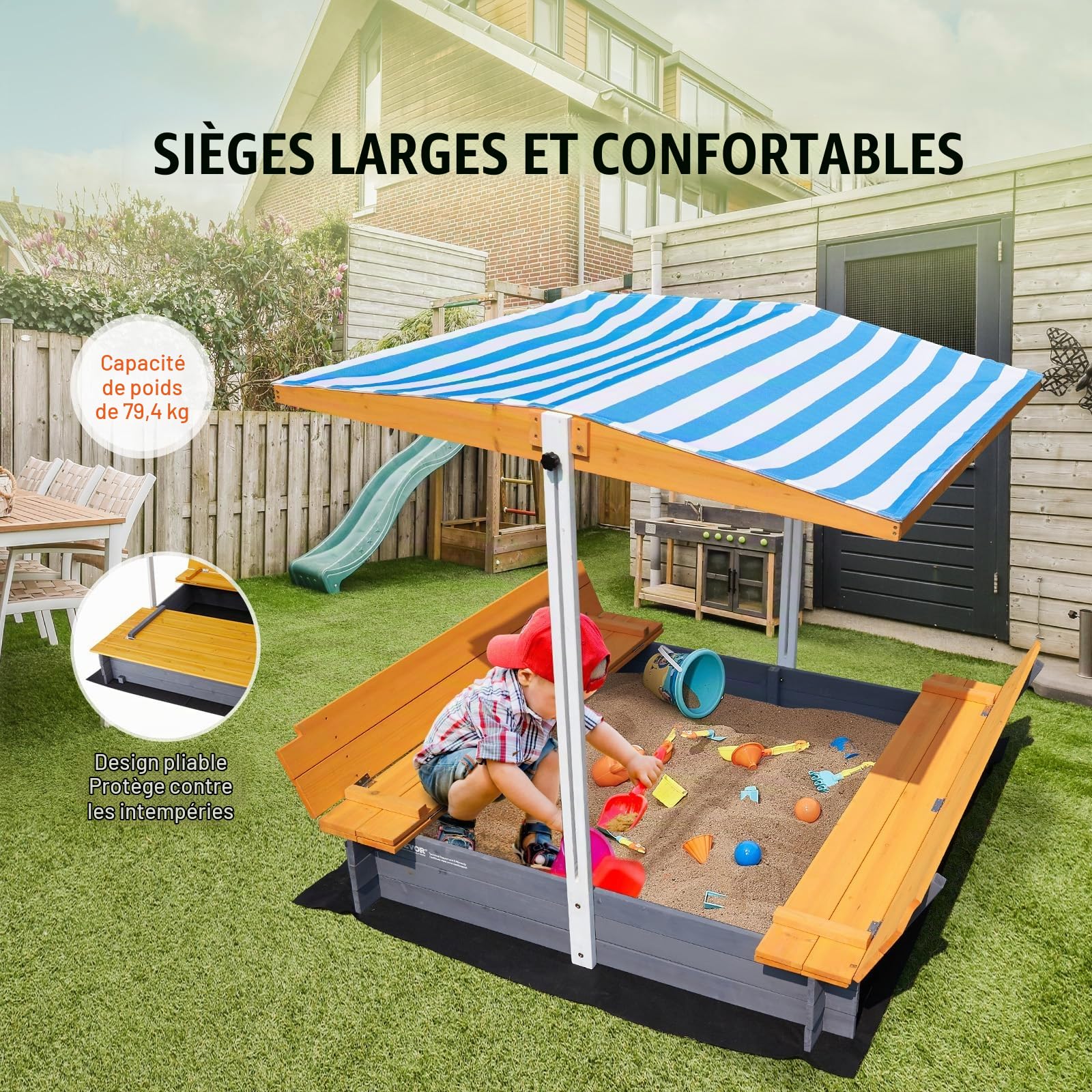 VEVOR Bac à sable en bois naturel avec auvent, 1455 x 1200 x 1200 mm, bac à sable avec banquettes pliables et doublure inférieure, pour jardin extérieur, plage, parc, cadeau pour enfants de 3 à 12 ans