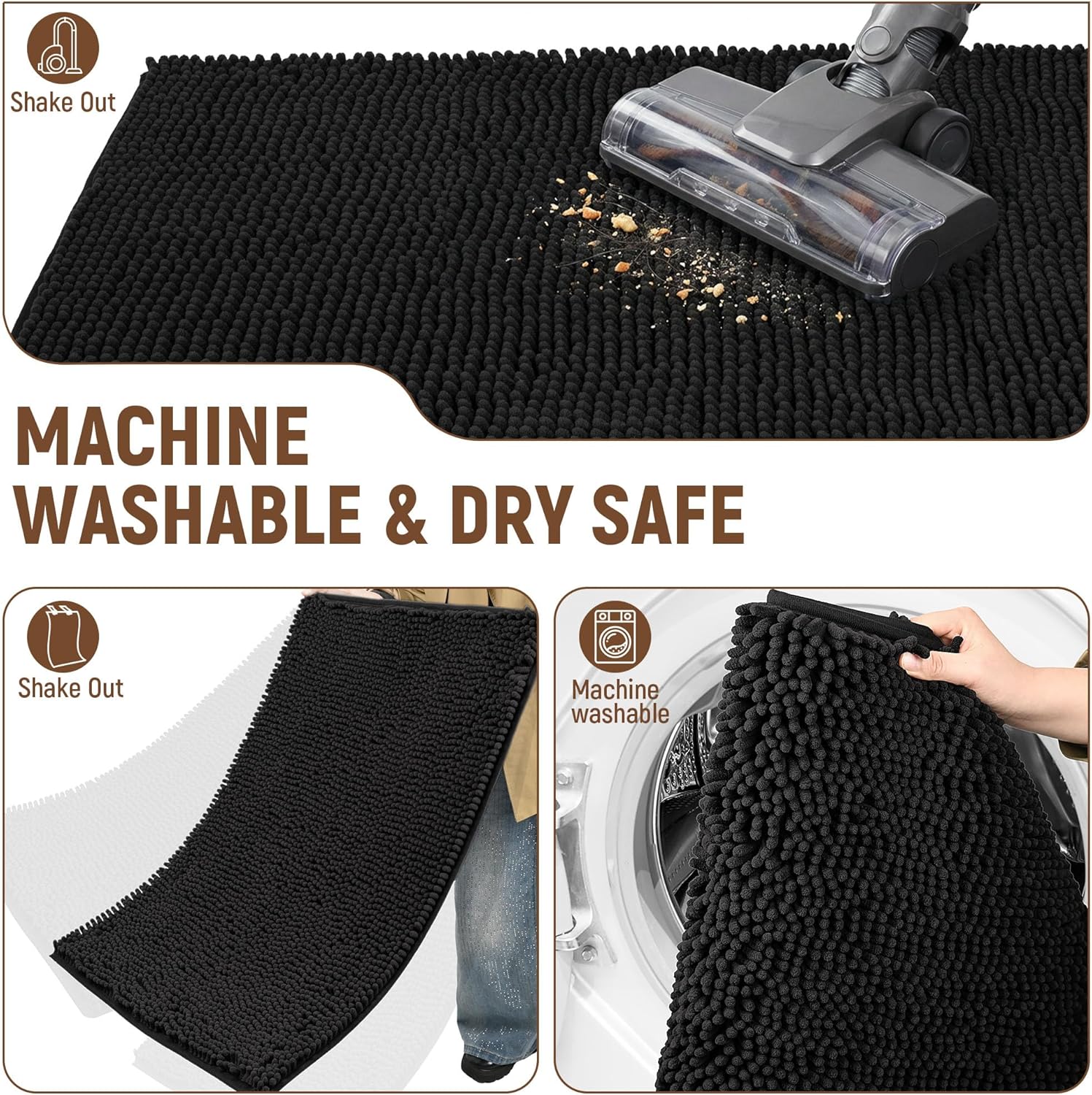 Absorbent Dog Door Mat for Muddy Paws, 60" x 36" Chenille Indoor Mats for Entryway, Trap Dirt Front Door Mat Indoor Entrance Washable Non Slip Soft Black