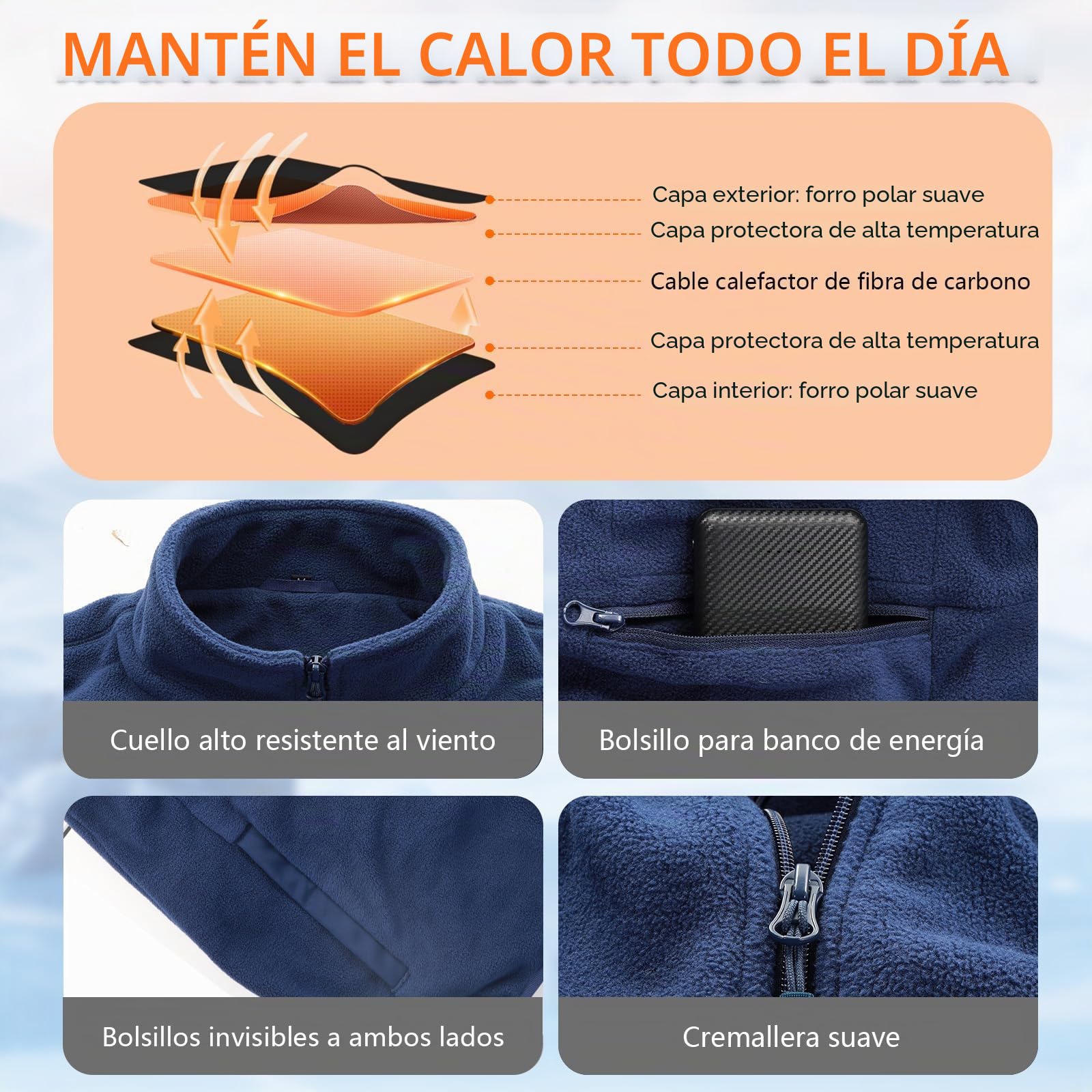 Chaleco Calefactable Hombre con Batería USB de 10000mAh, Negro