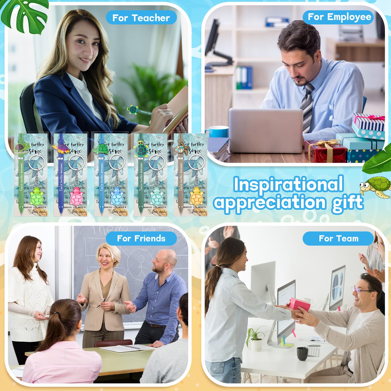 Sayglossy Juego de 20 bolígrafos inspiradores para el regreso a clases, regalos de tortuga, bolígrafos motivacionales, llaveros, marcapáginas, regalo para el primer día de escuela, para profesores