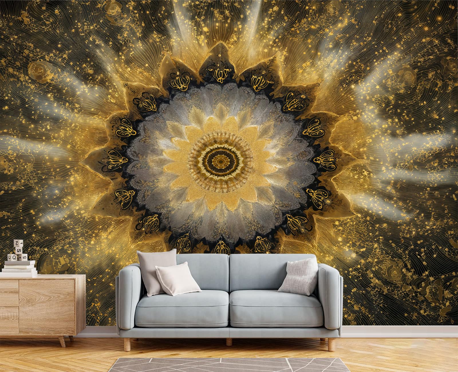Carta Da Parati Motivo Mandala Dorato 250x175cm Fotomurali in Seta Murale, Decorazione Da Muro Xxl Poster Gigante Design Carta per Pareti Soggiorno Meditazione Ispirata Allo Zen, Oro