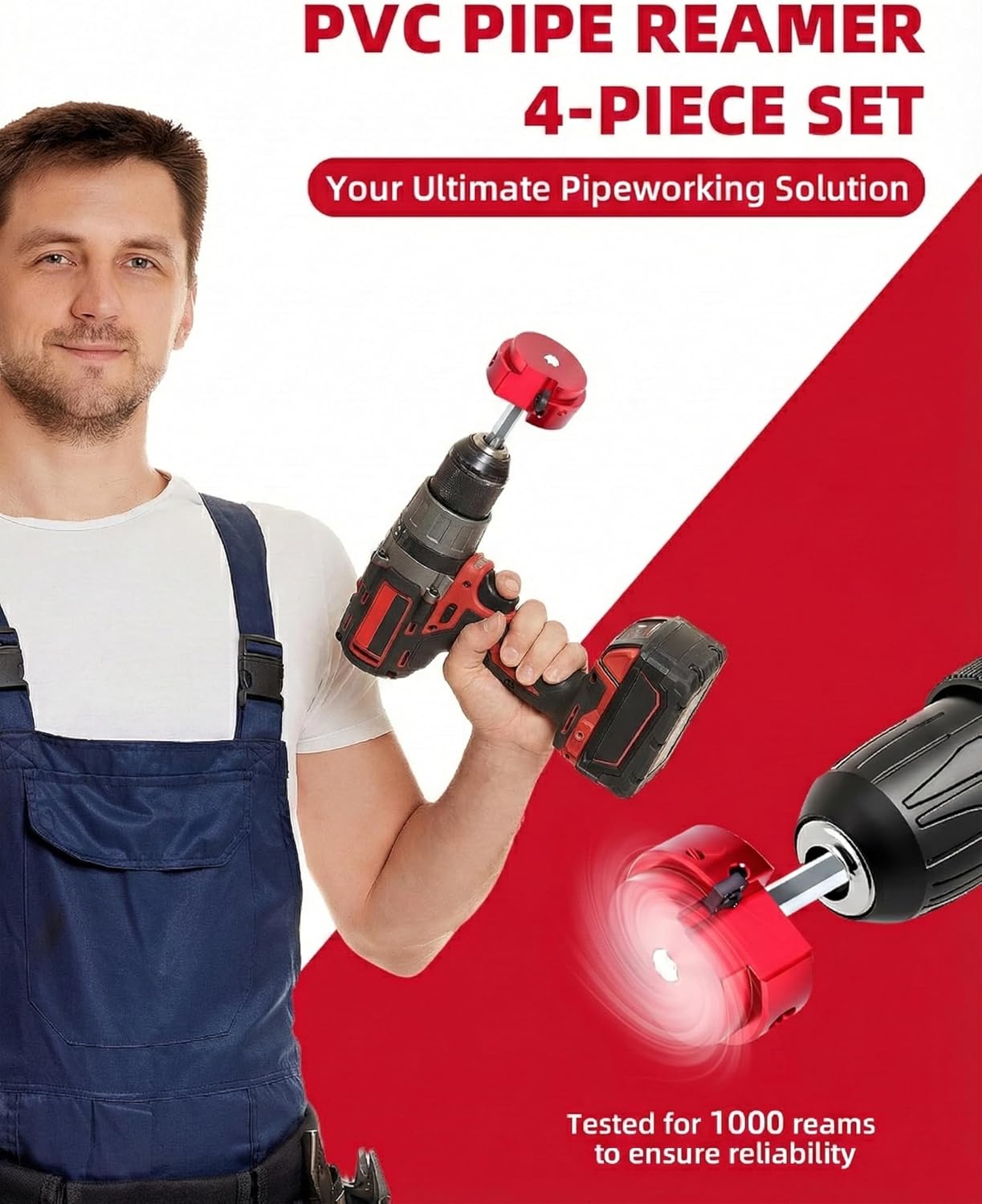 ERAYCO 4-Piece PVC Pipe Reamer Kit, Plastic Pipe Fitting Reamer Tool, Fit into Standard 1/2" Drills, PVC Fitting Saver for SCH40 PVC CPVC ABS Pipe (1-1/2'', 2'', 3'', 4'')