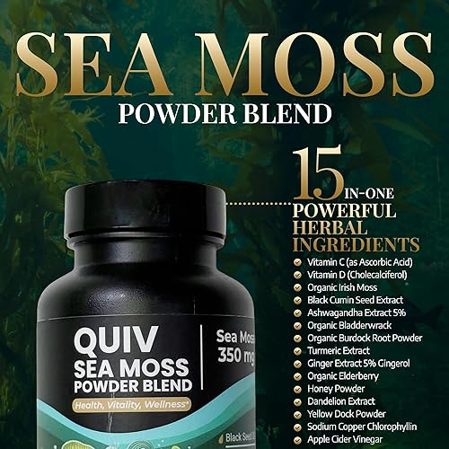 Miniatura 2 de Quiv Cápsulas de musgo marino irlandés, aceite de semilla negra, ashwagandha, cúrcuma, vejiga, bardana, jengibre, vitamina C, D3, saúco, manuka