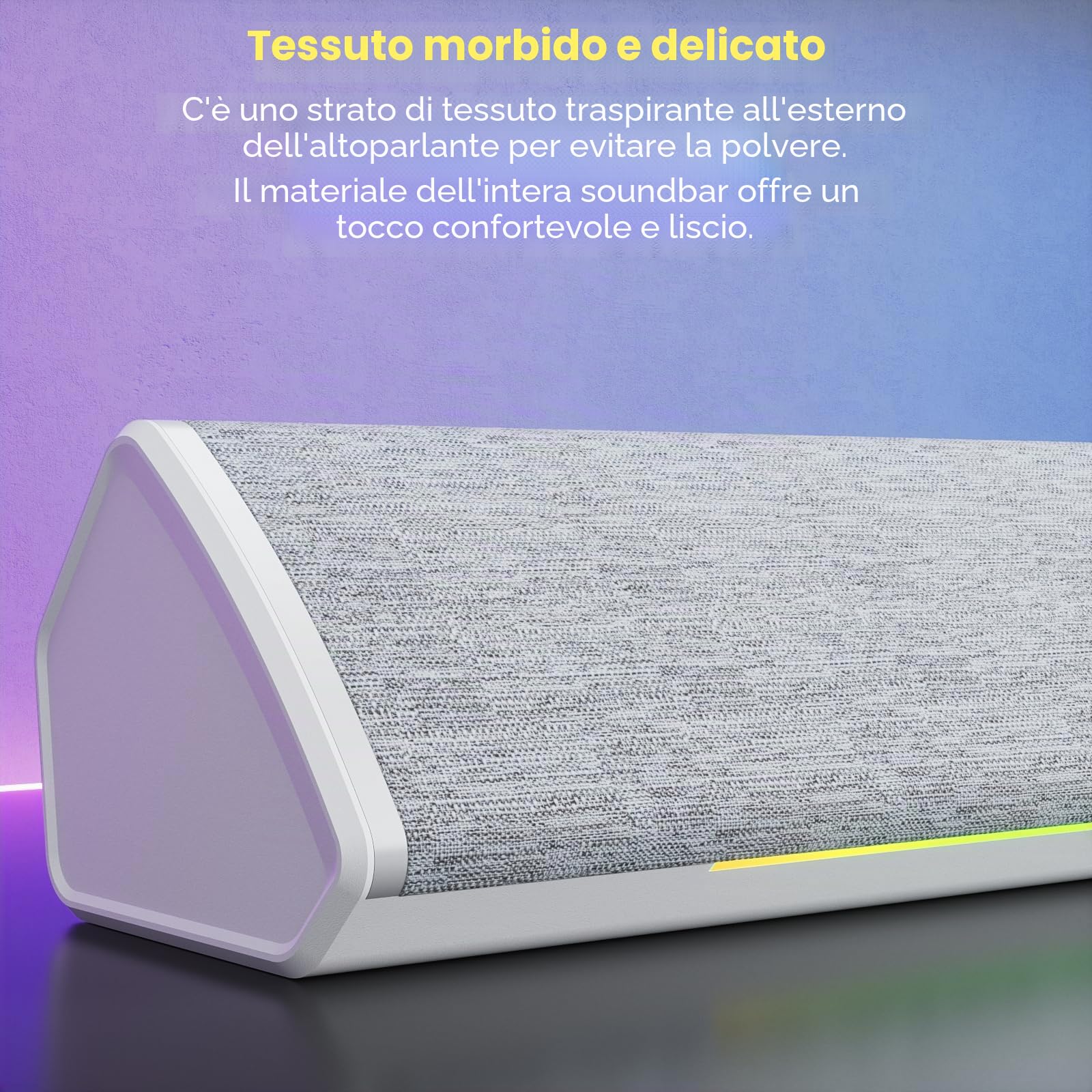 SOULION R60 Casse USB Bluetooth RGB Soundbar Bianco per PC, Portatile, Gaming, Monitor, Altoparlante Stereo 12W, Alimentazioni USB, con Aux Jack 3.5mm, Design del tessuto di moda