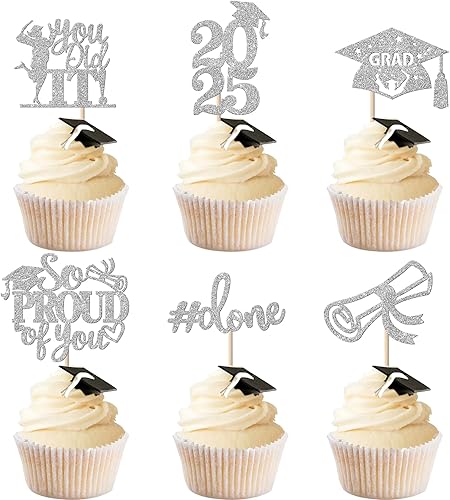 Miniatura 449 de Paquete de 24 adornos dorados para cupcakes de graduación 2025 con purpurina So Proud of You Done Diploma Graduation Cap Cupcake Picks Class of 2025