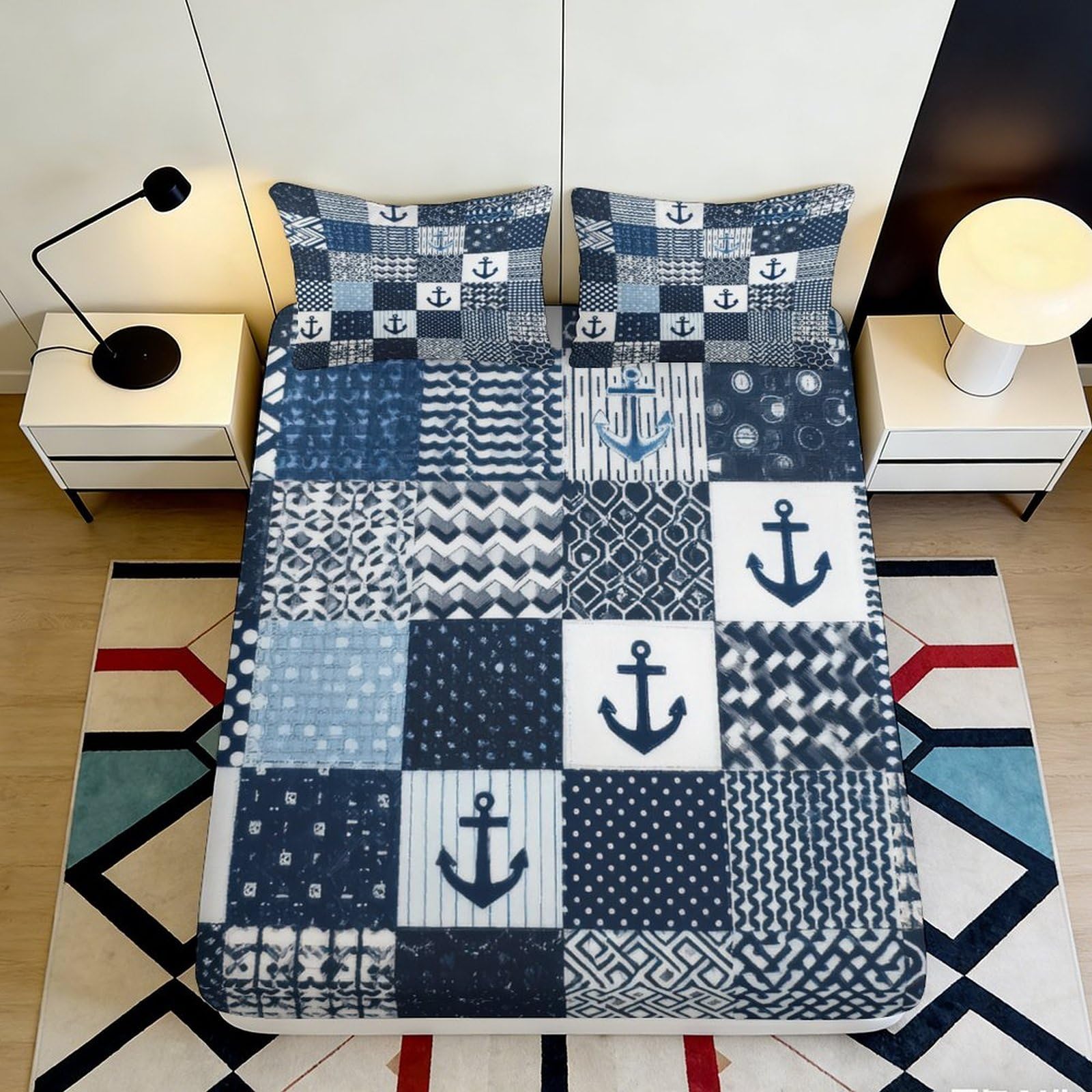 3D Printed Nautical Anchor Fitted Sheet Microfiber Blue Patchwork Mattress Cover for Bedroom Dorm Guest Room Decor Protection 180x200x25cm