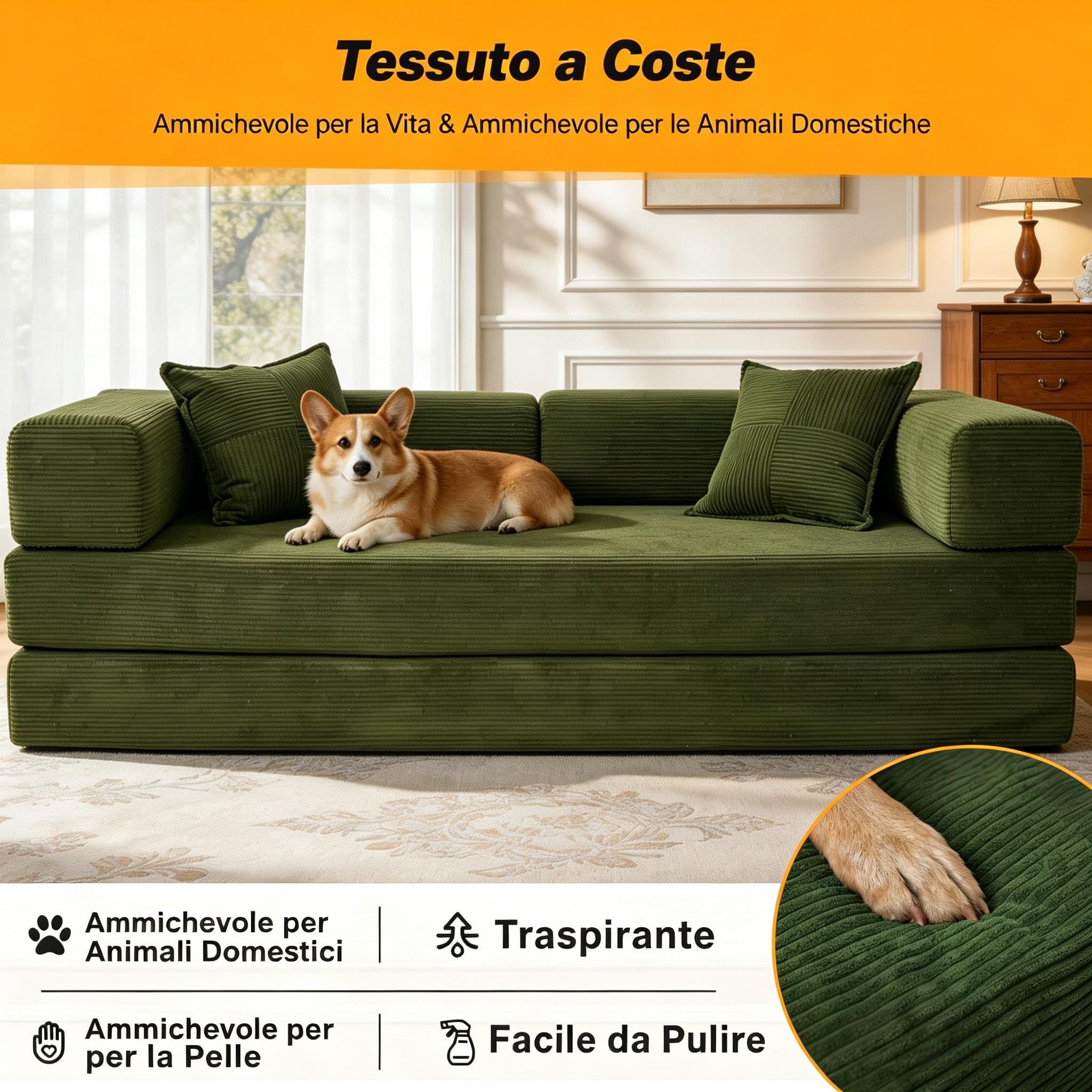 Vipbear Divano disossato, divano a 3 posti in velluto a coste 200 cm, letto pieghevole 5 in 1 convertibile con 2 cuscini in memory foam per camera da letto, verde | Cabrio