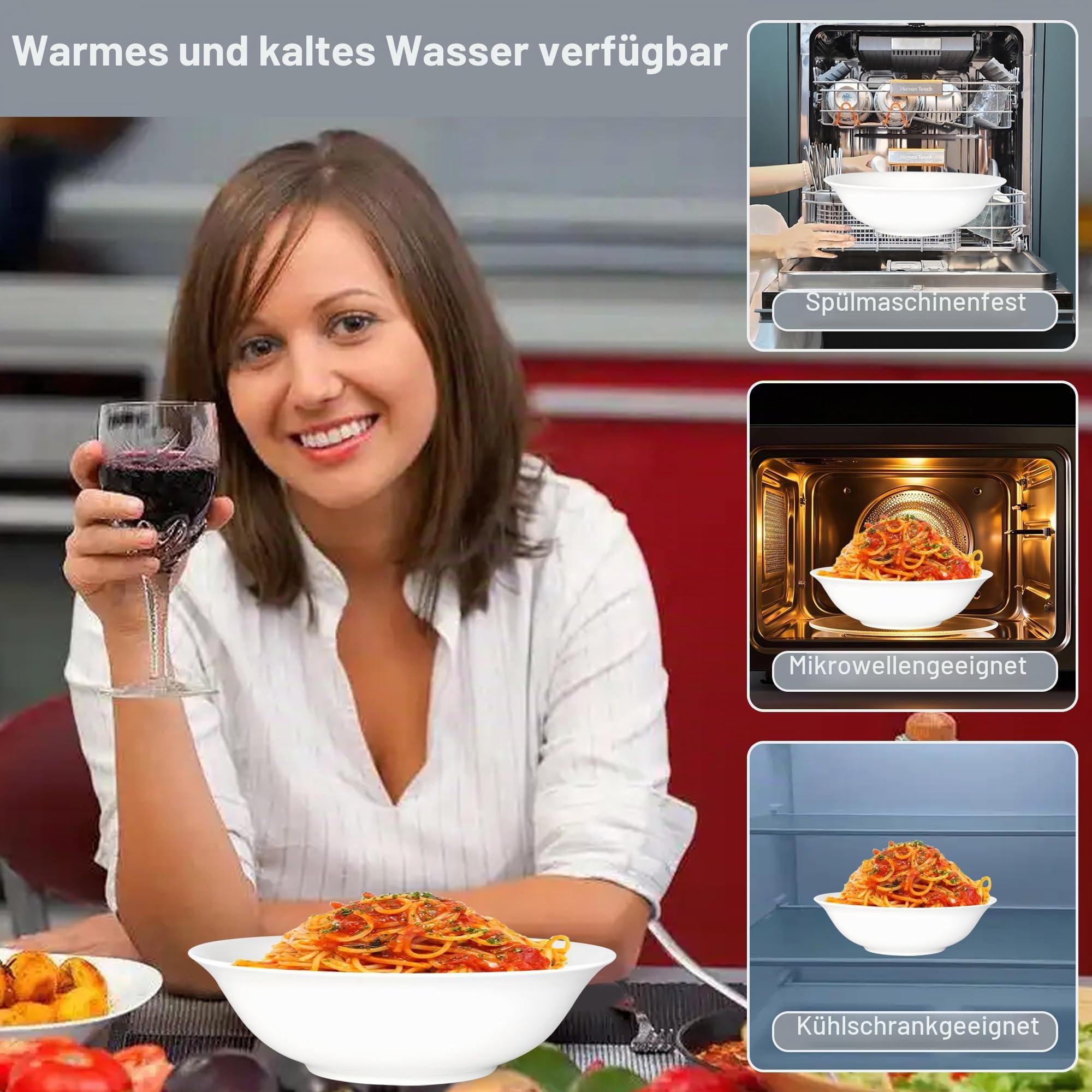 Suppenteller, 4Teilige 1.5L Tief Pastateller Salatschüssel, Groß Knochen porzellan Servier Schüssel Teller Set für Salat Pasta Eintopf Ramen Pho Obst, Weiß Keramik Schale Φ23.5cm