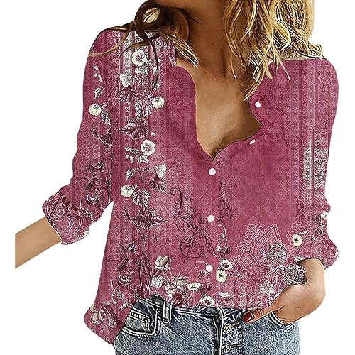 Linen Shirts for Women,V Neck Roll Up Sleeve Button Down Blouses Tops Casual Floral Print Long Sleeve Work Shirts
