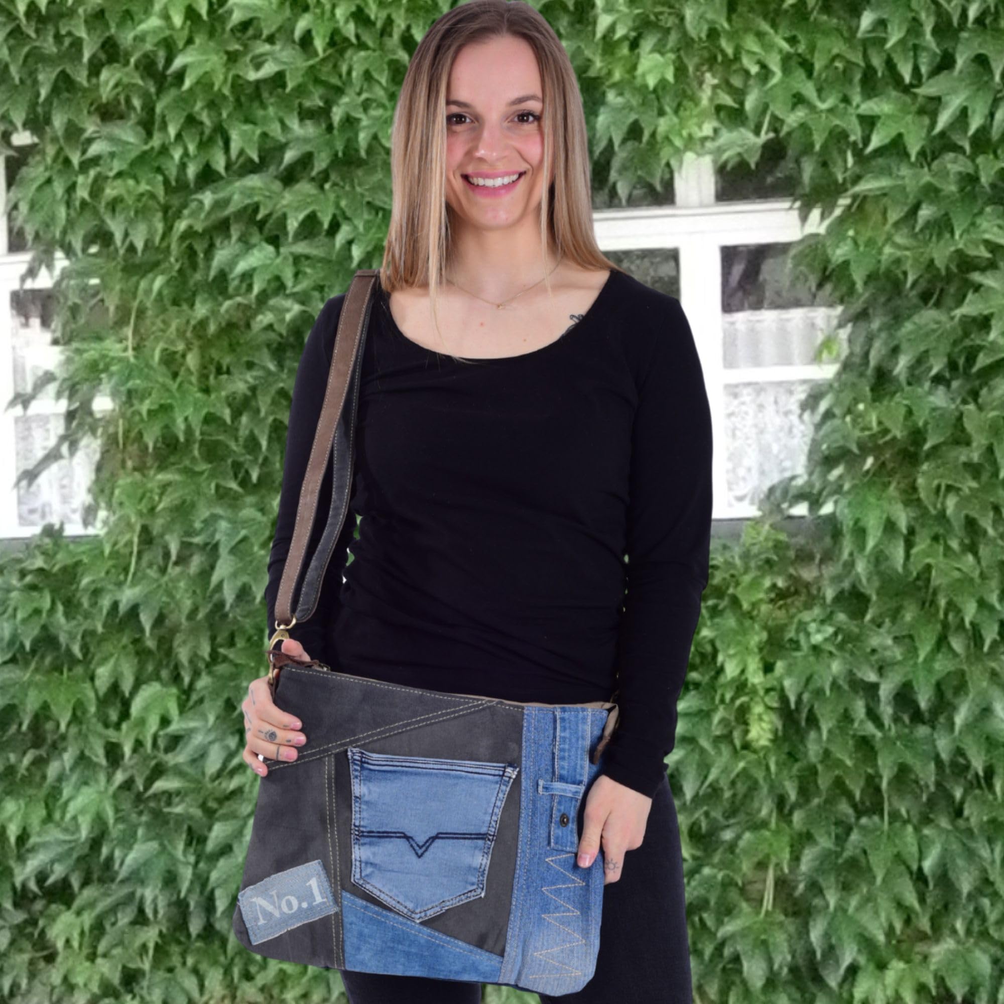 Sunsa Damen Umhängetasche, Tasche aus Recycelte Jeans & Canvas schwarz/Blau