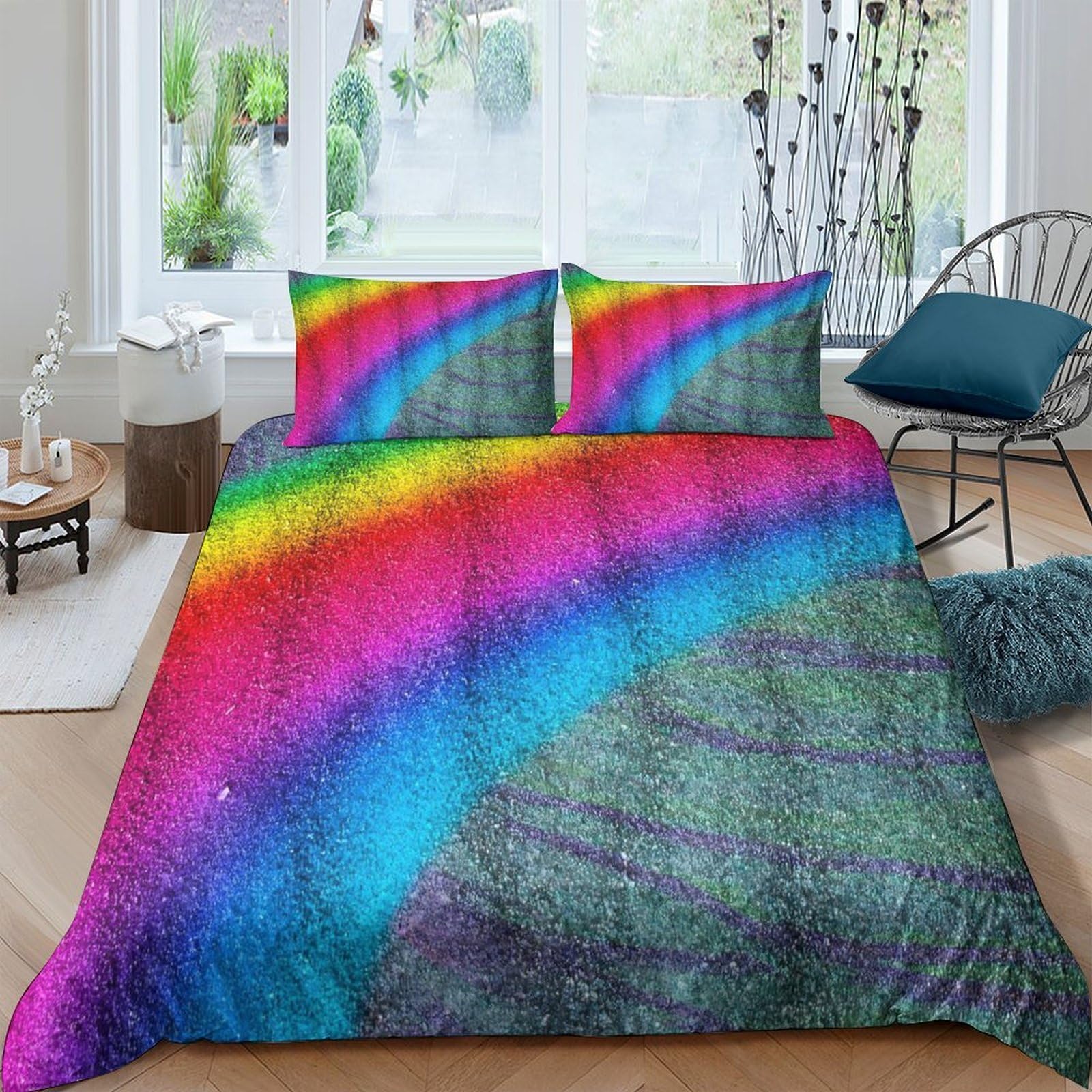 Ctjqhvkz Style-1 3D Printed Rainbow Gradient Fitted Sheet Microfiber Soft Bed Cover For Bedroom Decor Anti-Slip Machine Washable Single（135X200cm）