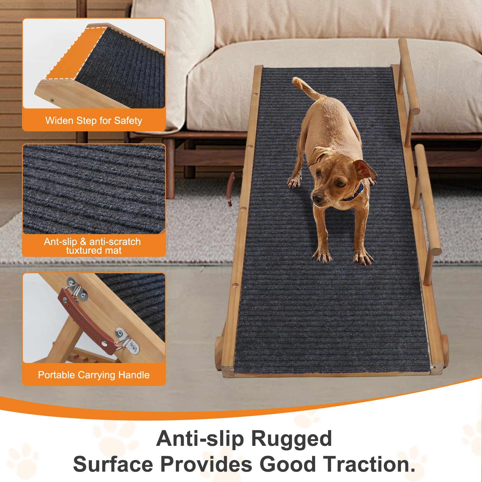 Höhenverstellbare Hunderampe für Bett, Couch, extra breit, 45 cm, tragbare Haustierrampe aus Holz, rutschfeste Hunderampe, 6 verstellbare Höhen für kleine, mittelgroße und große Hunde (Traglast 75 kg)