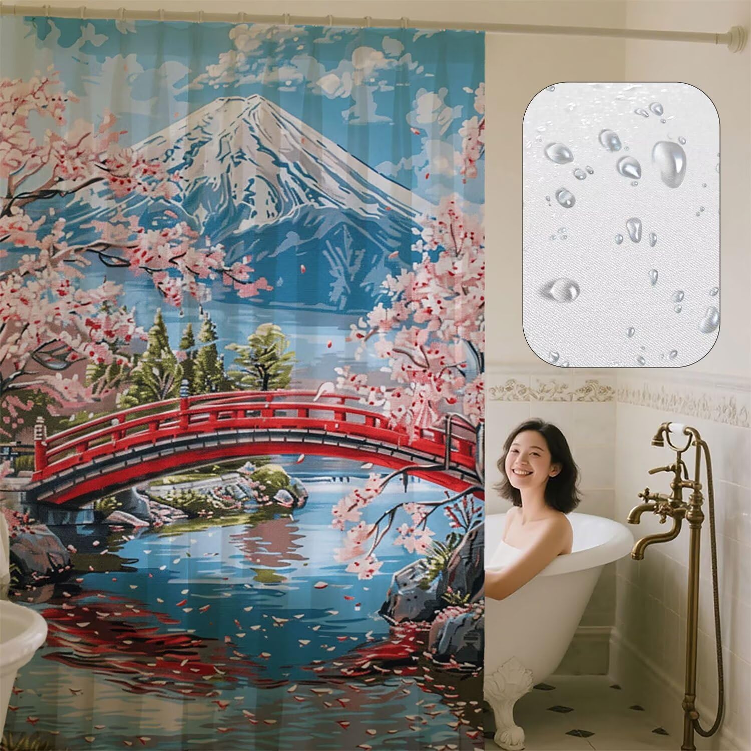 Cortina de Ducha Paisaje,Japón Cortina Ducha 180 x 200 cm,Cortinas de Baño Impermeable Poliester Lavable,Dobladillo Ponderado,Shower Curtain Secado Rápidopara Bañeras y Cuartos de Baño,Regalo G-633