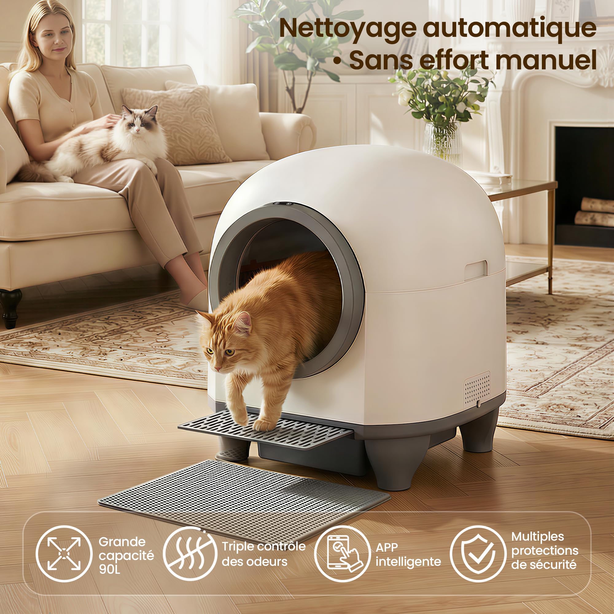 Devoko Litiere Chat autonettoyante Grande Capacité 90L | Automatique avec Contrôle par Appli et 6 Capteurs | Litiere Automatique pour Chat Auto nettoyante conçue pour Les Grands Chats (Max. 10kg)