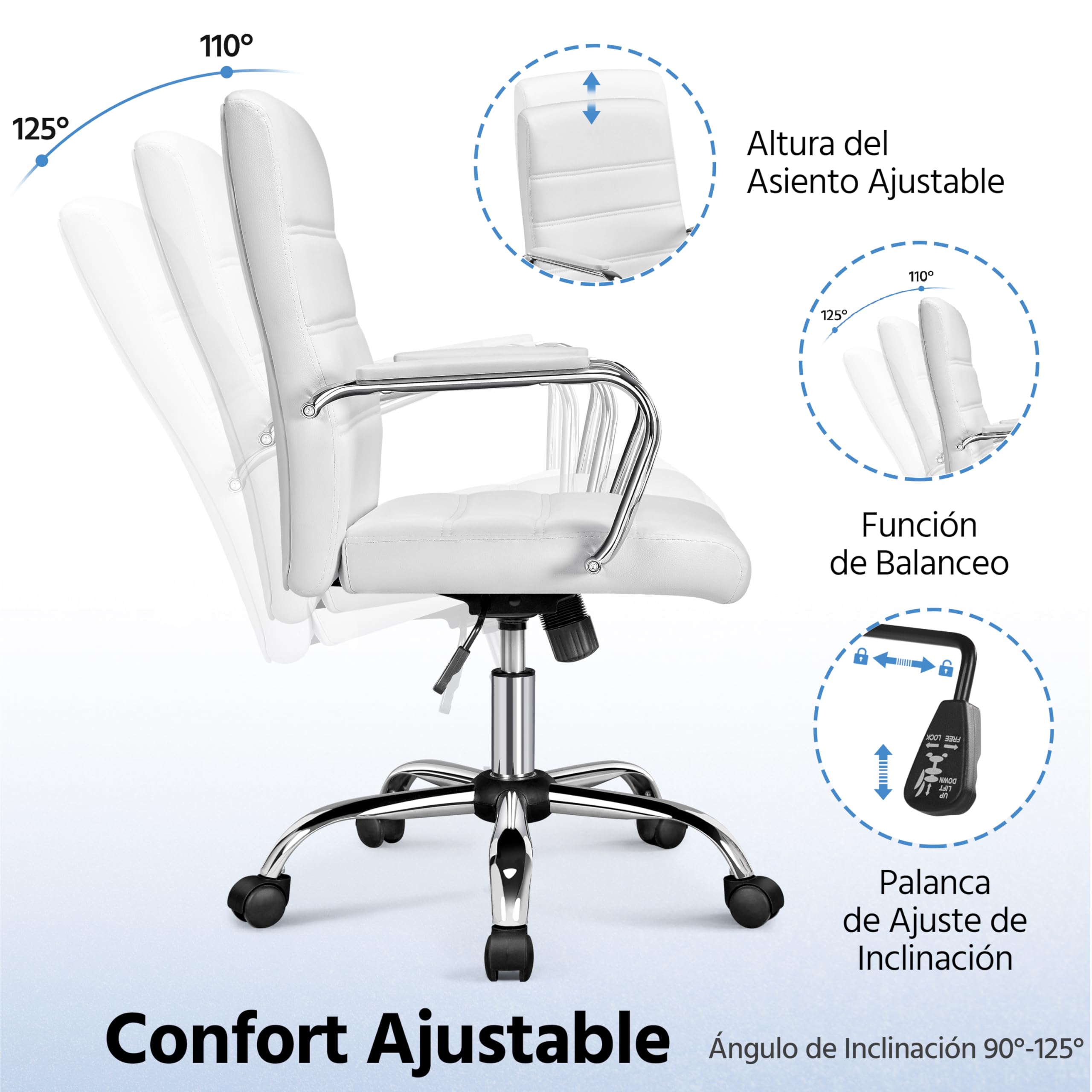 Yaheetech Silla Escritorio Giratoria de Oficina Silla Ergonomica Escritorio con Respaldo Tapizado Asiento Sintético Altura Ajustable Blanco