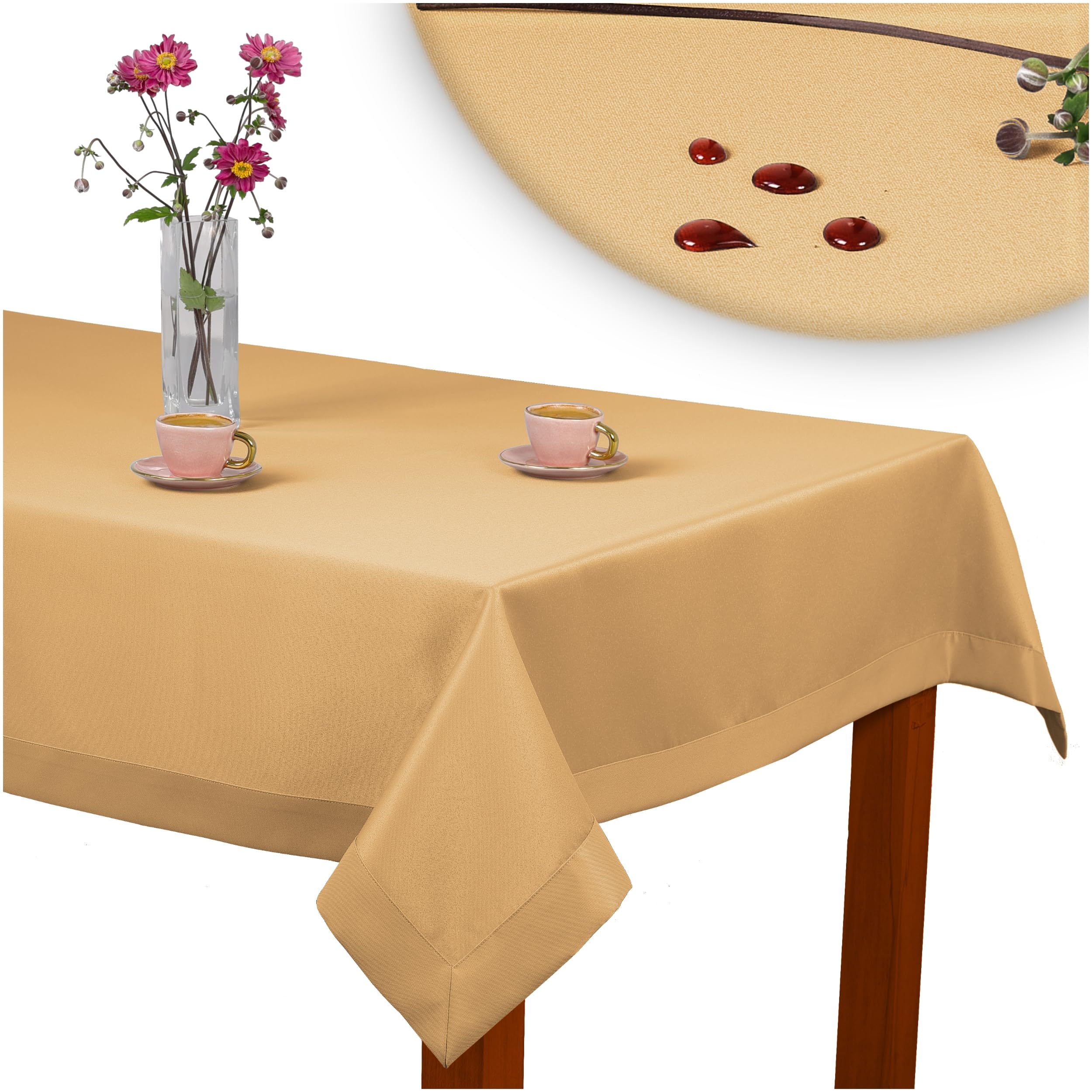 Tischdecke Classic Elegance Honigfarben 130x170 cm, Uni Glatt Elegant mit 5 cm Kuvertsaum Fleckabweisend mit Lotuseffekt 100% Polyester, O5 H200 342