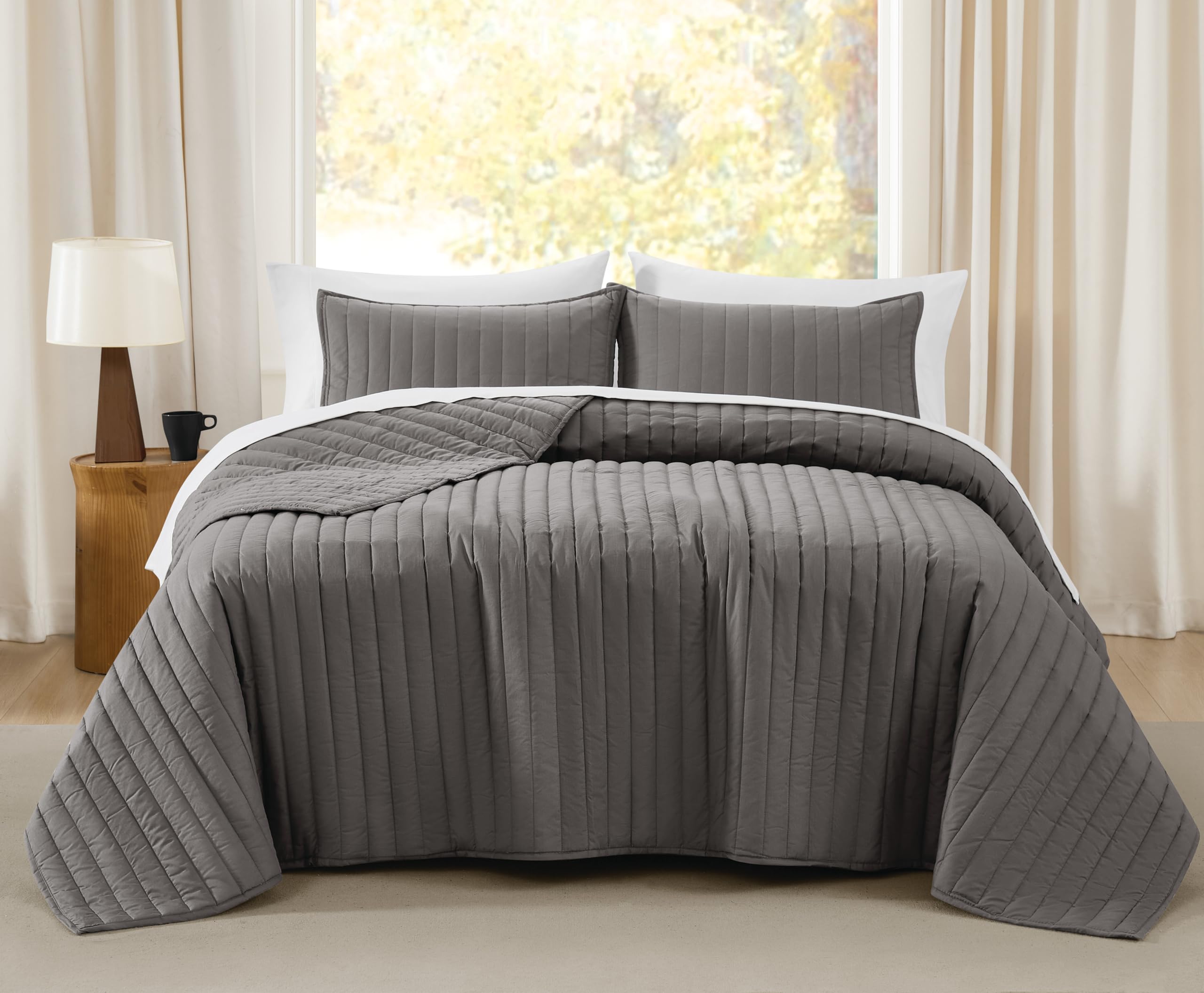 Brooklyn Loom Oversized Cotton Percale Grey Full/Queen 3 Piece Quilt Set, Solid Color Themed, Oeko-TEX Certified Confidence-image-13