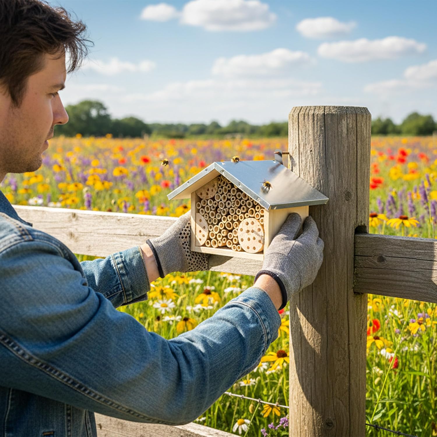 Relaxdays Bee Hotel, Wood, Weatherproof Metal Roof, Bamboo Tube, Garden, Insect Hotel, Hanging Natural/Silver