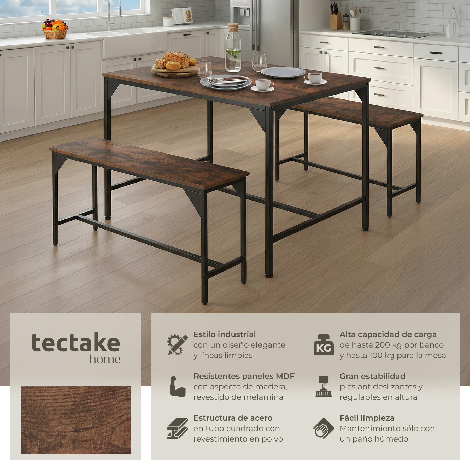 tectake® Conjunto de Mesa y Bancos, Estilo Industrial Minimalista, Mesa de Comedor con Banco, Muebles para Salón y Cocina, Marco de Acero y Madera con Revestimiento en Polvo, Fácil Montaje - Oscuro