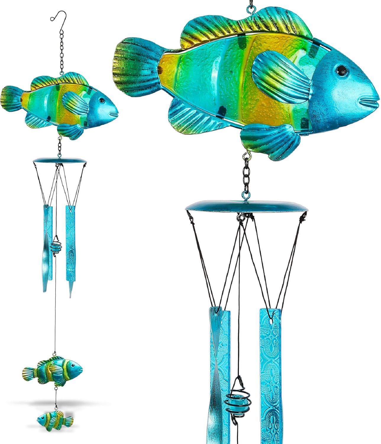 CoTa Global Lucky Fish Wind Chime - Handcrafted Glass and Metal Chime - Hanging Fish Decoration for Indoor and Outdoor Spaces, Hanging Ocean Animal Windchime Decor Gift - 29 Inches
