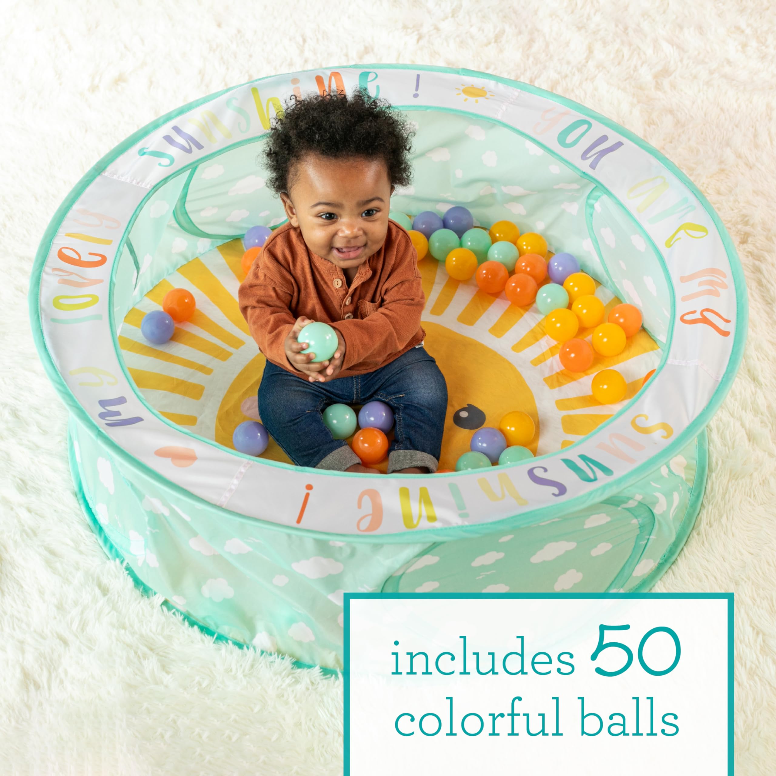 Infantino Pop-Up Bällebad mit 50 Bunten Bällen, Einfacher Aufbau & Platzsparende Aufbewahrung für Babys, Großes Spielzelt 90 cm, Farbenfrohes & Fröhliches Design
