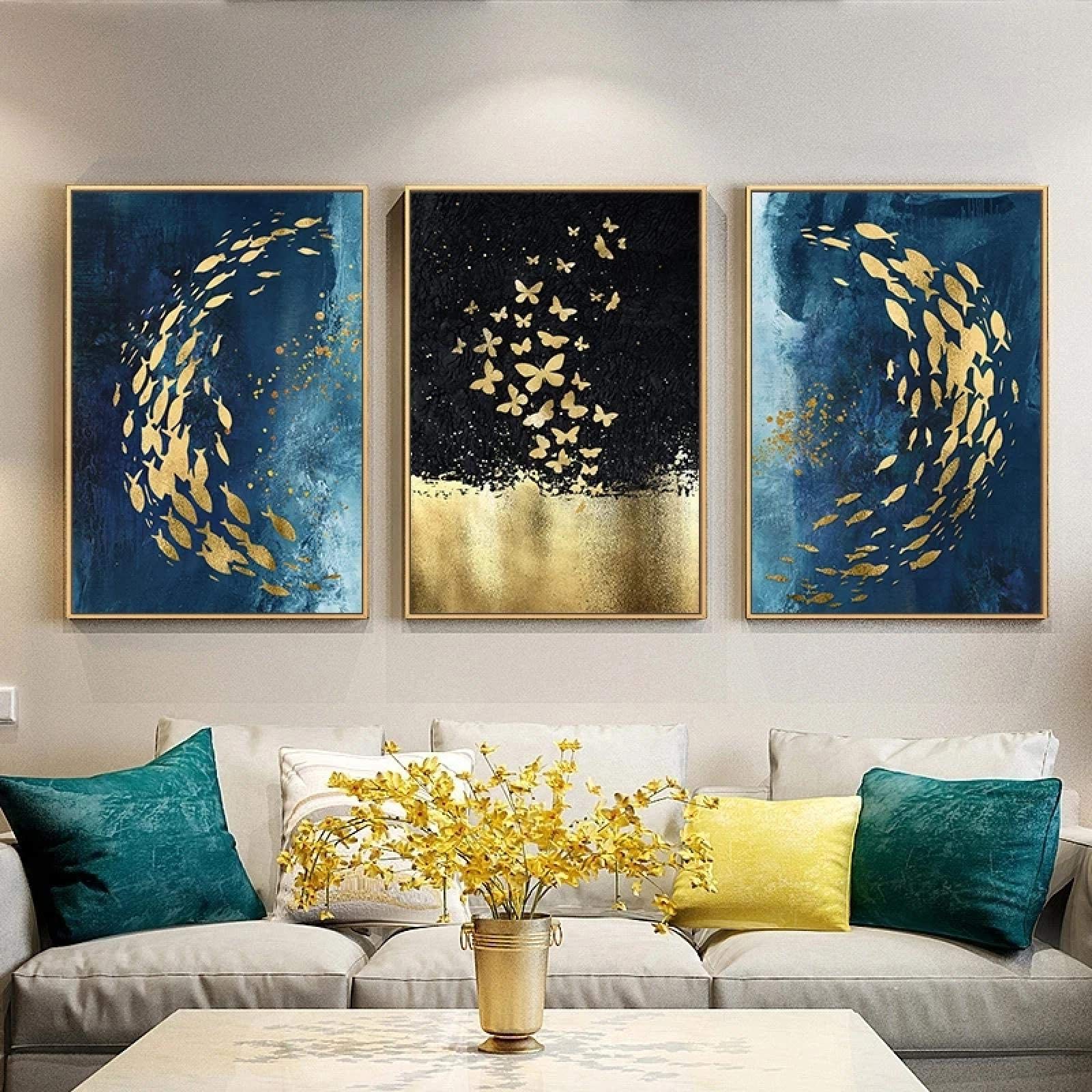 LUISAS Nordic Style Golden Fish Butterfly Canvas Painting Modern Abstract Art Interior Decoration Wall Painting 12x18inch(30x45cm) x3 No frame