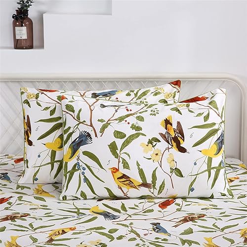 Miniatura 6 de RYNGHIPY Juego de sábanas con estampado de hojas y pájaros de granja, sábanas botánicas con fundas de almohada (pájaro, tamaño King)