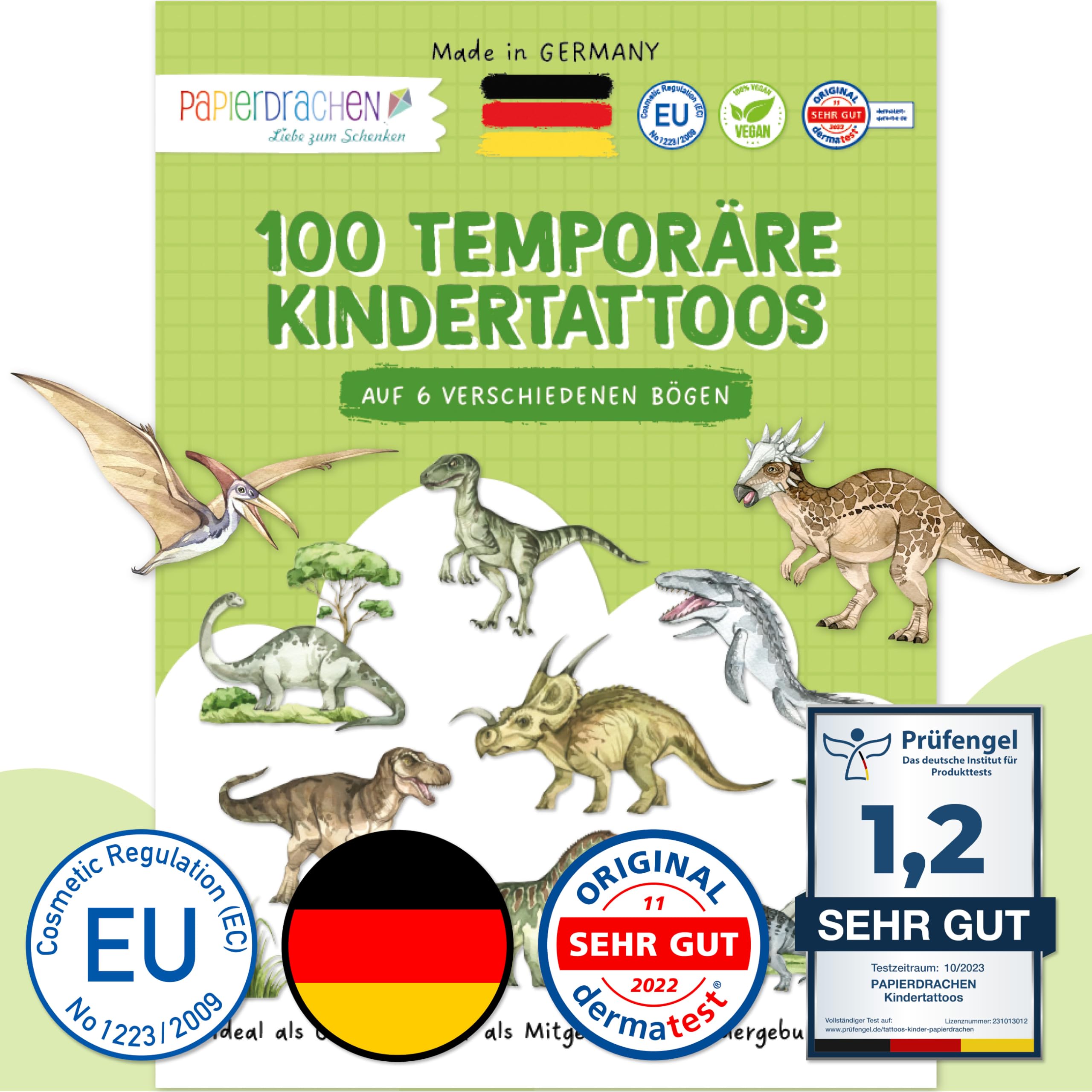 Papierdrachen 100 besonders hautfreundliche Kindertattoos - Tattoos für Kinder - als Geburtstagsmitgebsel oder Geschenkidee - 100% vegan, geprüft & made in Germany
