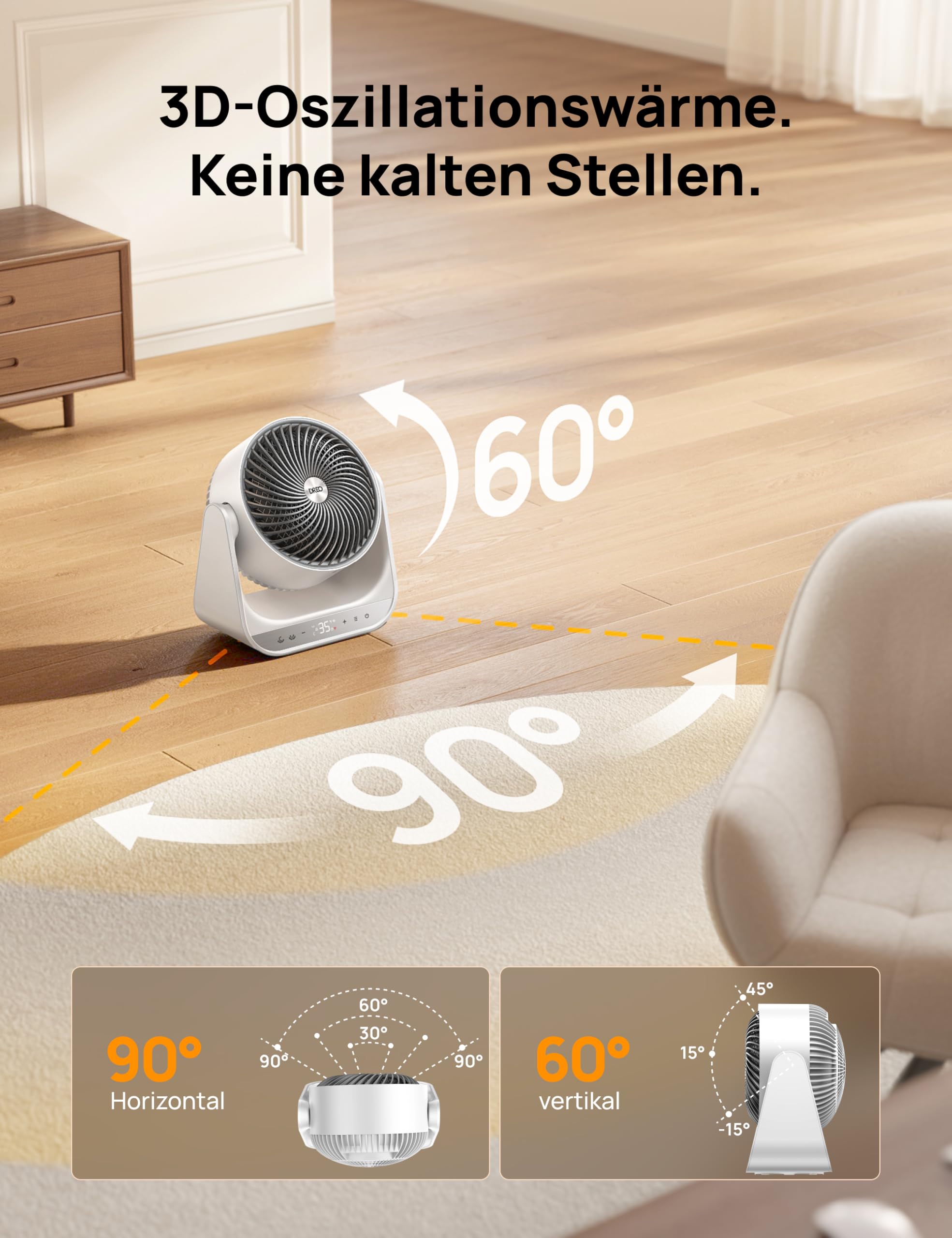 Dreo Heizlüfter für Innenräume, 2000W Elektroheizer mit Fernbedienung und Thermostat, 7 Modi, Überhitzungs- & Kippschutz, tragbarer Heizstrahler für den ganzen Raum, Weiß, Ganzraum-Heizgerät 714S