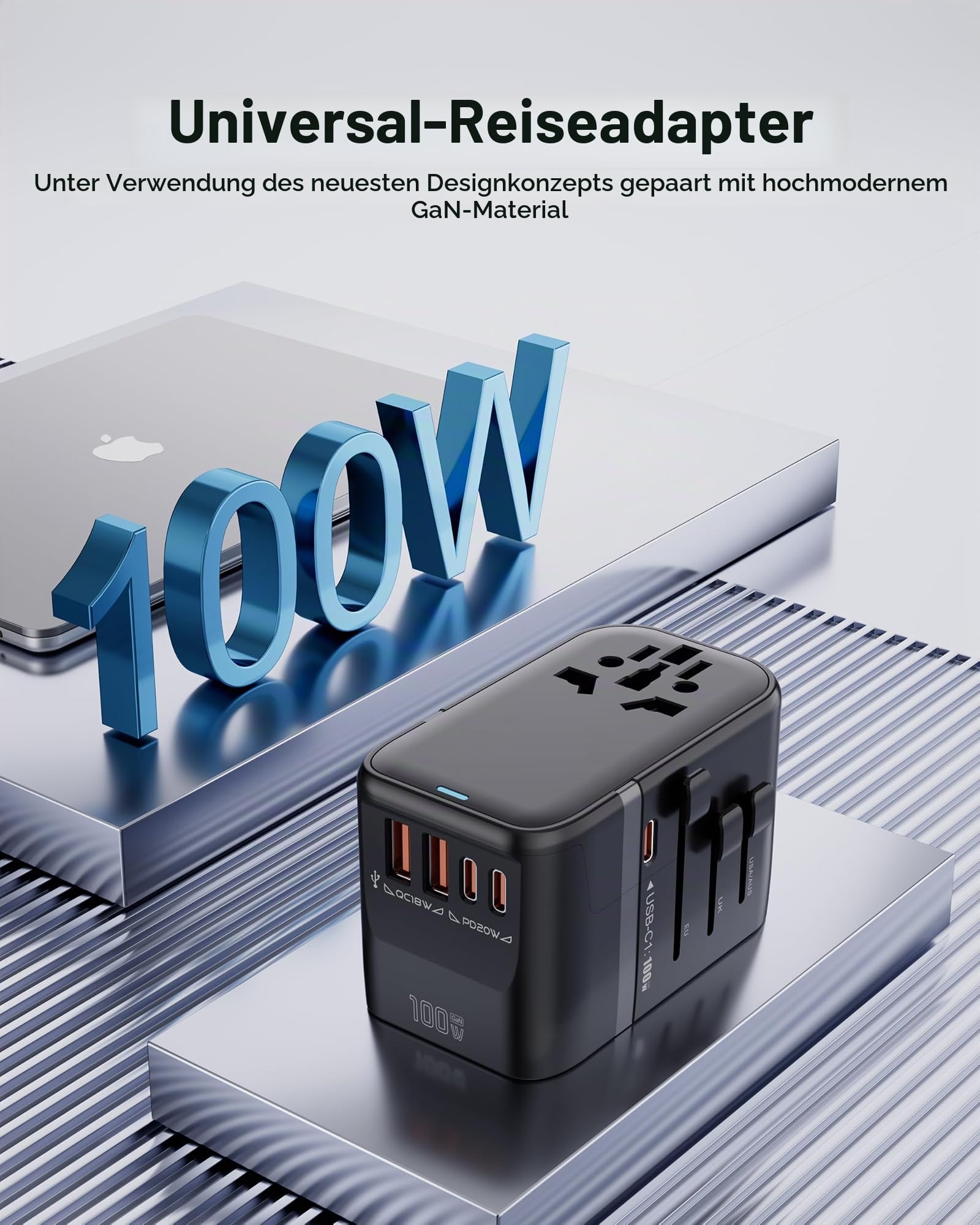 100W GaN Universal Travel Adapter International Power Adapter, with 5 USB(3 USB C) Charging Ports European Travel Plug Worldwide for US to Europe UK, EU, AU (Type C/G/A/I) Outlet Wall Charger