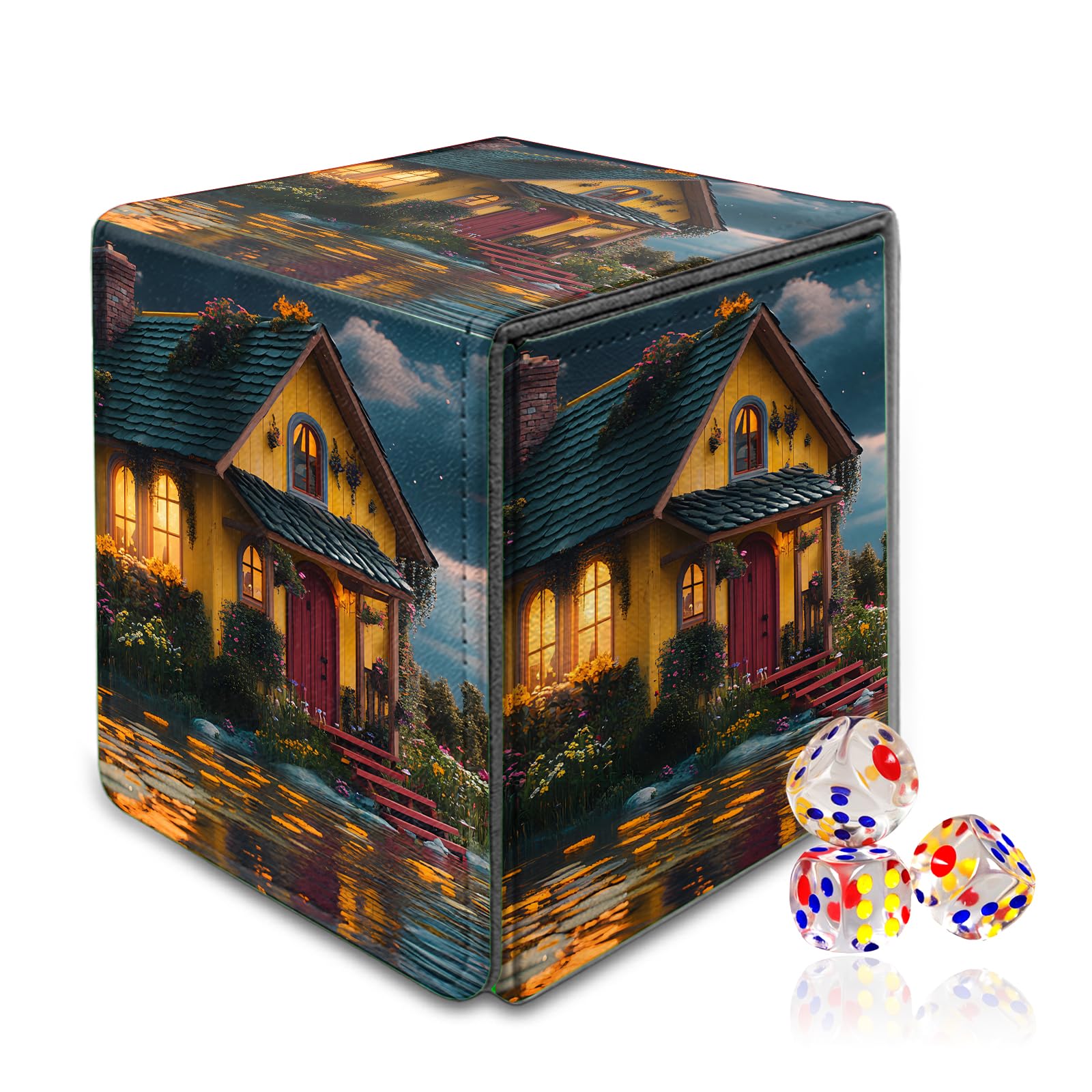 VOGDMKJG Trading Card Deck Box Fit 120+ Single Sleeved Cards,PU Leather Magnetic Closure Card Storage Box With 3 Dice For MTG/TCG/PTCG/Magic/Sport Card Storage Case Vertical Design Flower House