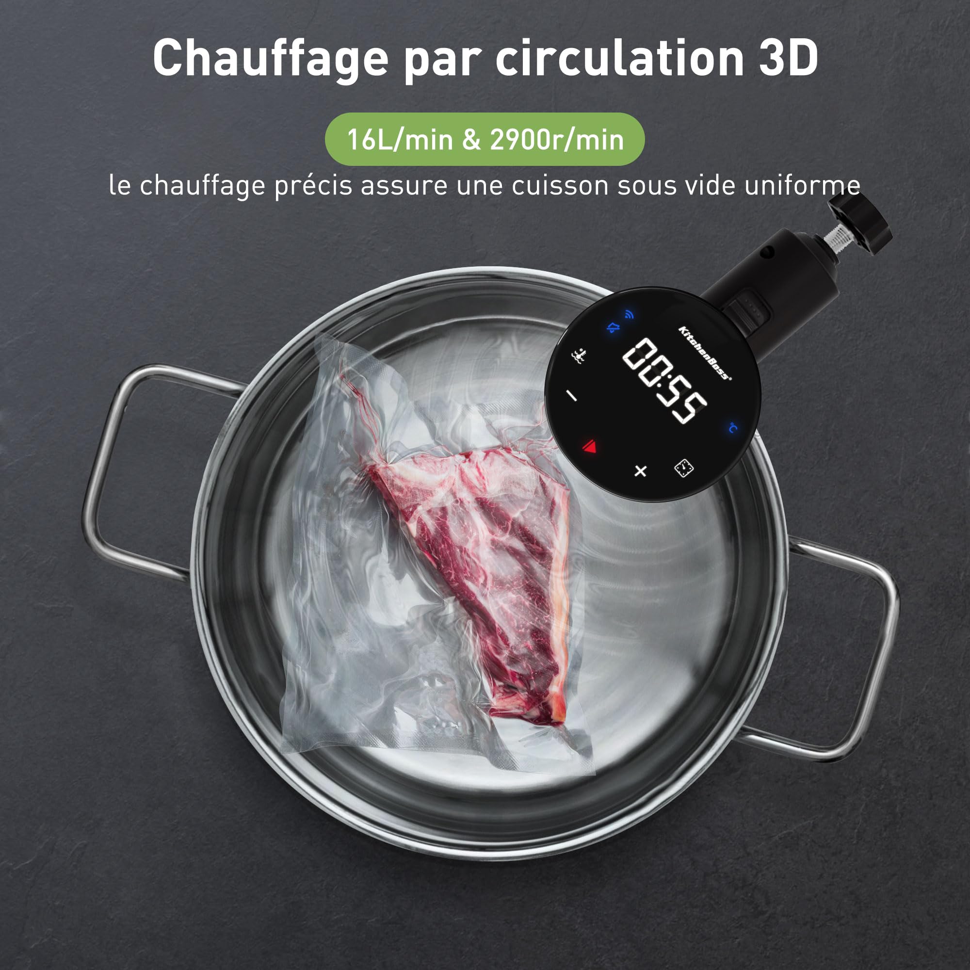 KitchenBoss Thermoplongeur Wi-Fi Cuisson Sous Vide: 1100W Cuiseur Sous Vide IPX7 Imperméable à l'eau d'Immersion de Cuisinière Thermostat Réglable LED Thermo Plongeur