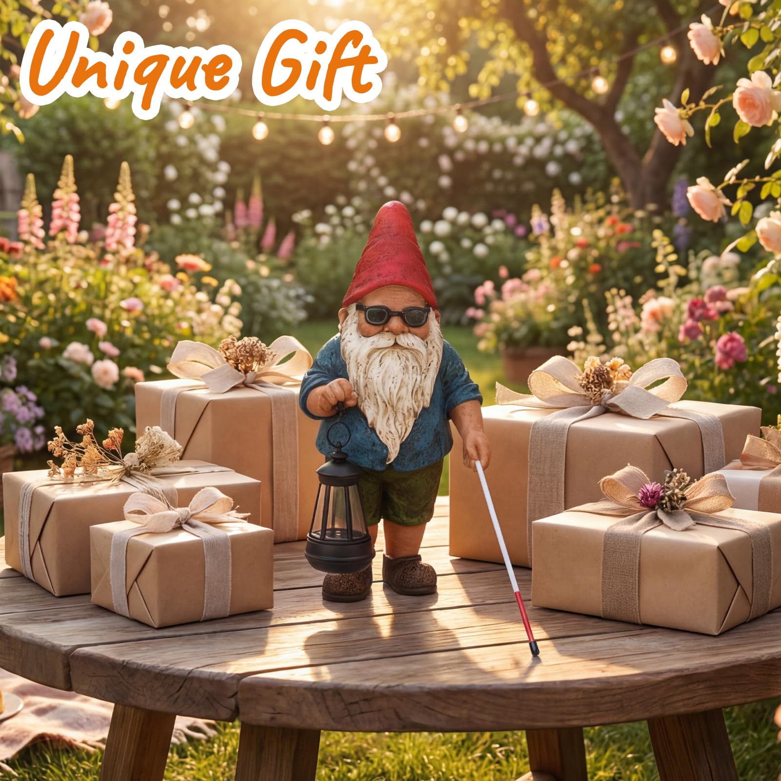 Solar Garden Gnome Outdoor Statue, 10.2 inches Blind Man Gnome with Lantern view 8