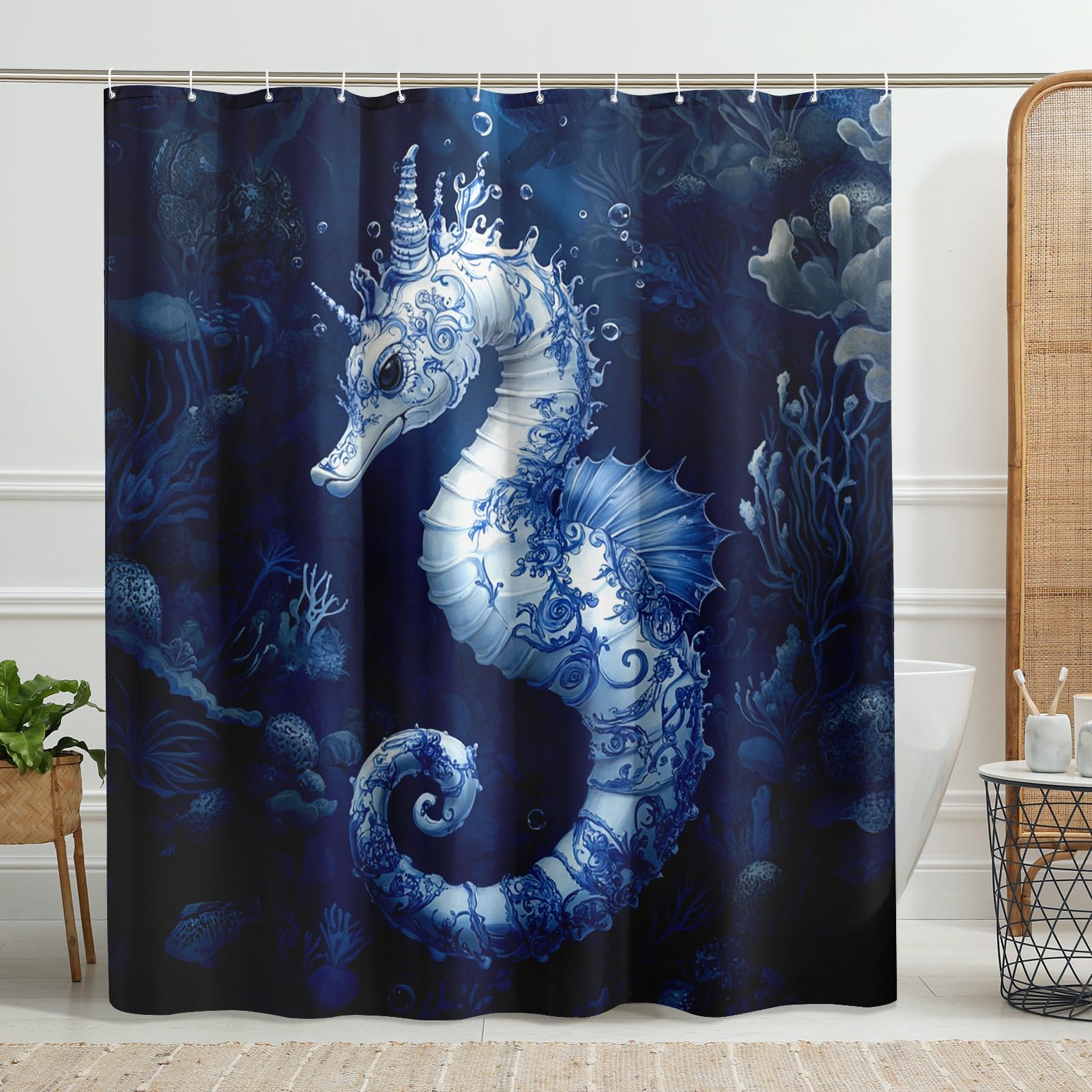 Seahorse Shower Curtain, Blue Nautical Mermaid Shower Curtain for Bathroom Decor, Spring Summer Coastal Ocean Style Waterproof Fabric Shower Curtain Set with Hooks 62x72 Inch
