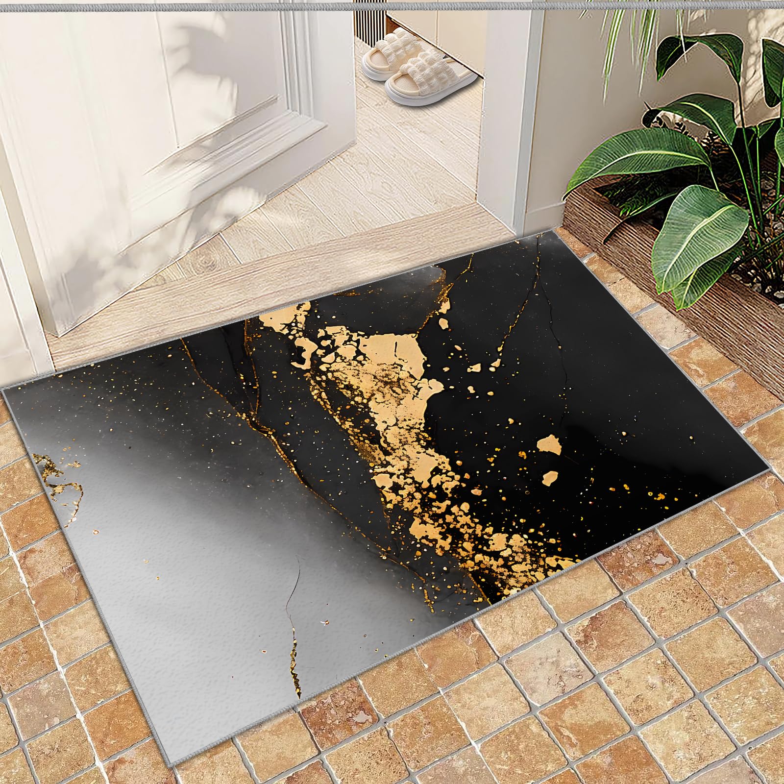 QDJKBL Black Gold Abstract Marble Texture, Entrance Rug 60 X 140 Cm European Luxury 3D Oil Painting Graffiti Spots Doormats, Entrance Carpet Fuzzy Plush Soft for Entryway