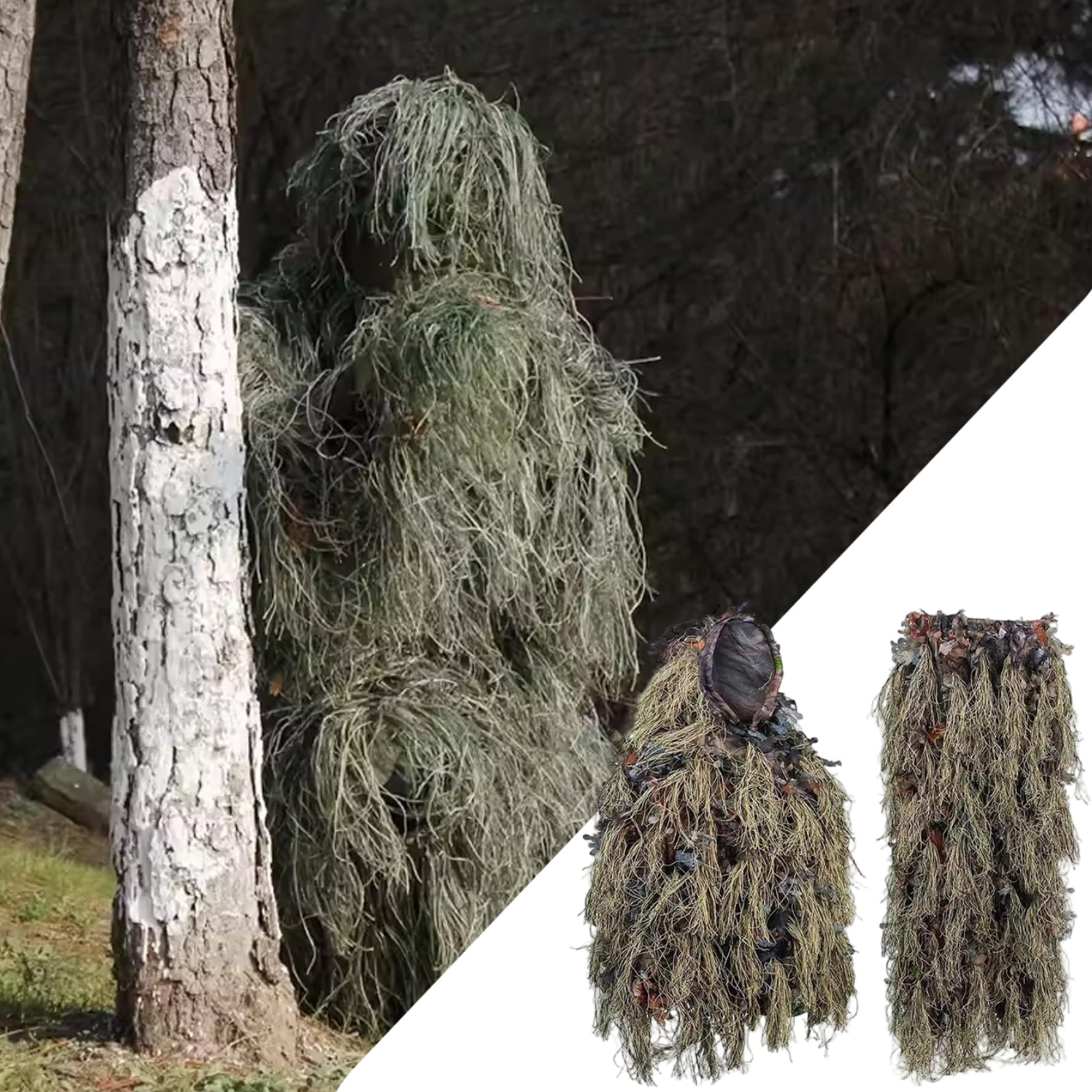 Tuta Ghillie Mimetica Leggera con Foglie, Abbigliamento da Caccia per Uomo, Poncho Ghillie Traspirante per Cacciatori, cecchino, Softair, Paintball, Tuta, Abbigliamento da Caccia Gi