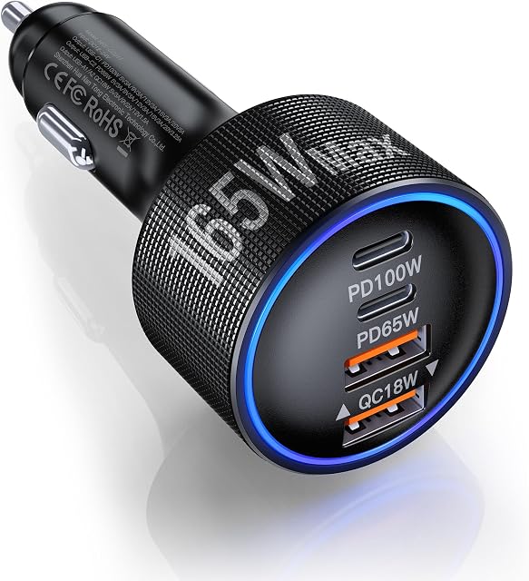165W Car Charger USB C Fast Charger, Cigarette Lighter Adapter Fast Charging, PD/QC Car Charger Adapter for Dell XPS, MacBook, iPhone 17/16/15 Pro Max, Galaxy S25/S24, Pixel, Accessoire Voiture