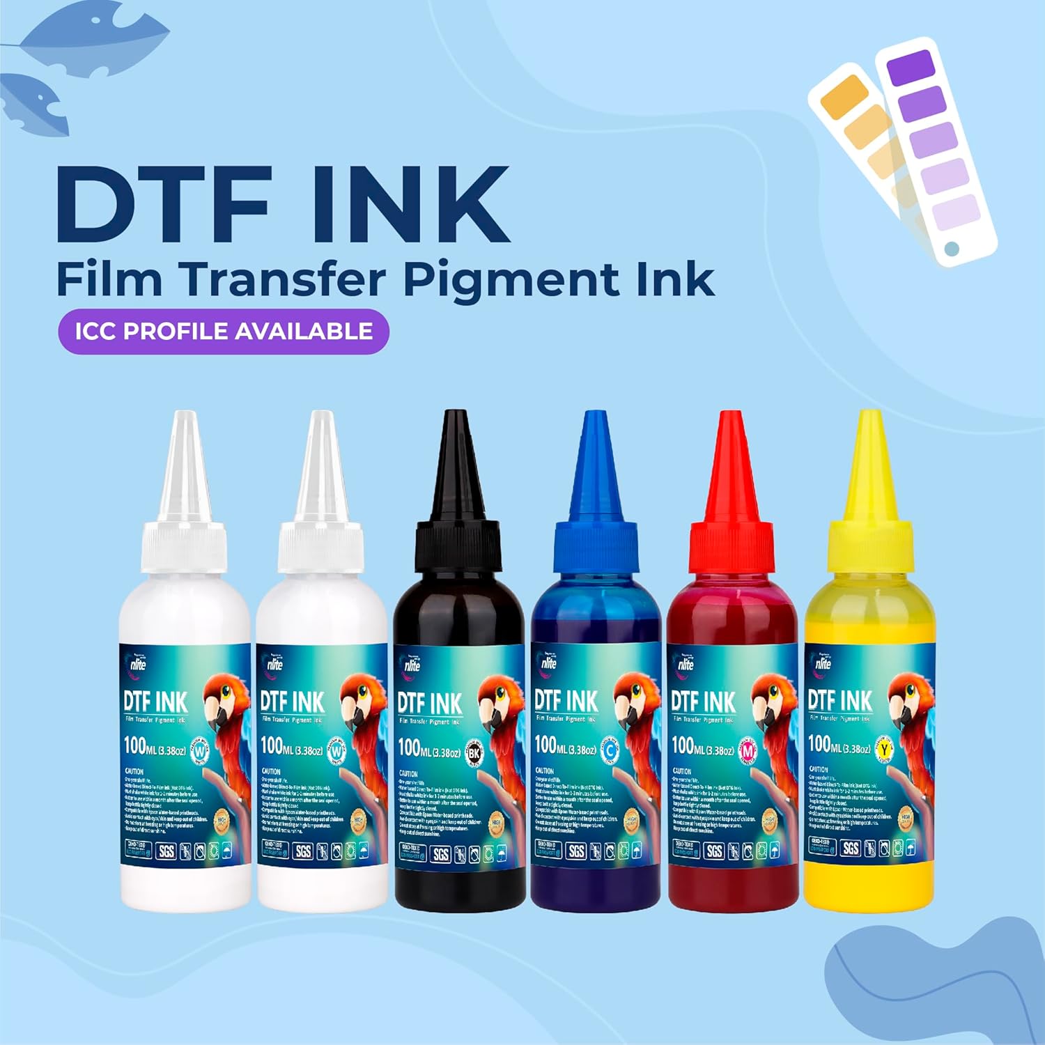 Enlite DTF Ink 100ML Combo Pack, Premium Pigment Ink for PET Film Heat Transfer Printing, Refill for DTF Printer with printhead DX5 DX7 5113 XP600 I3200 4720 TX800, 2W+1B+1C+1M+1Y