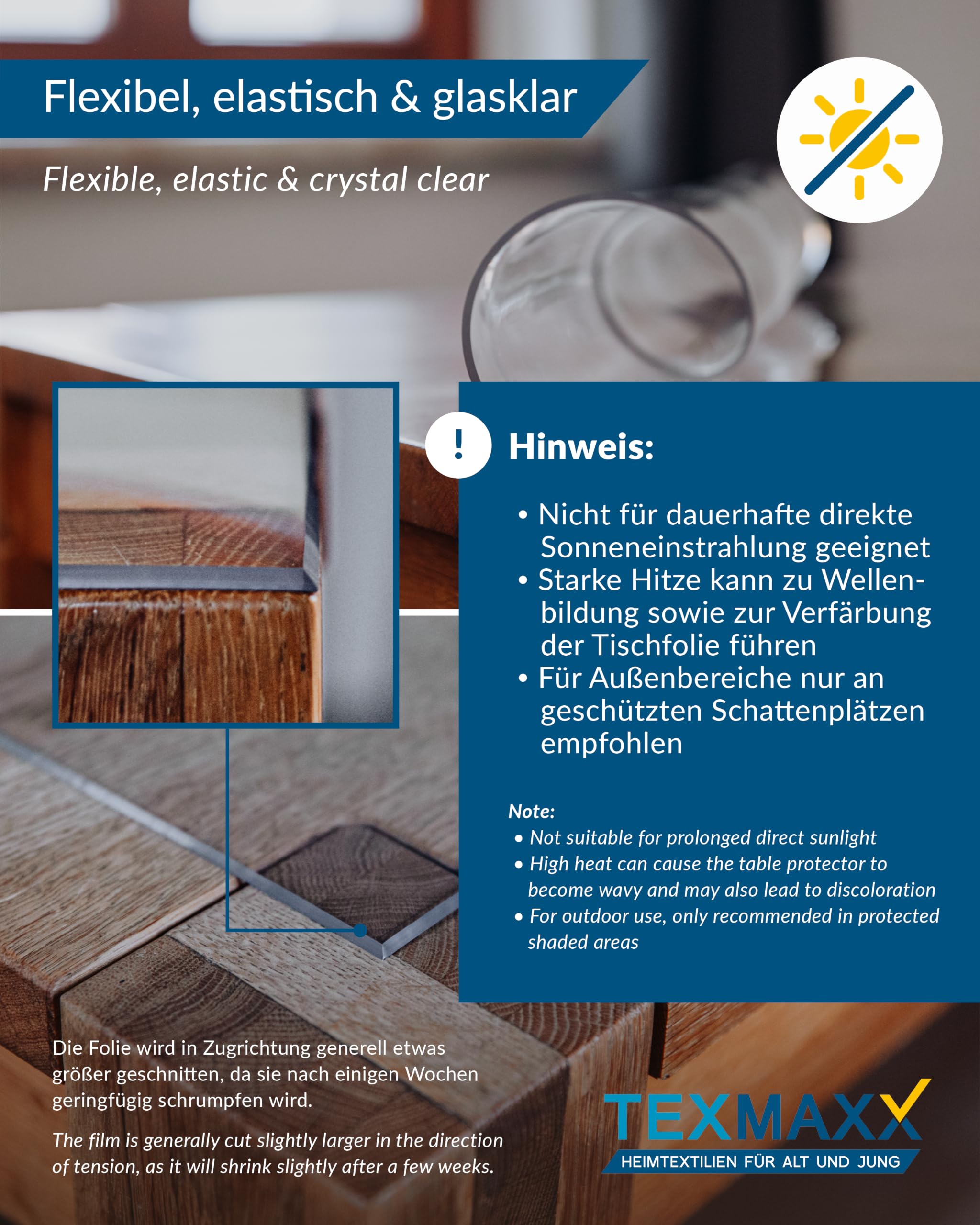 TEXMAXX Tischfolie transparent 2mm mit abgeschrägter Kante/Tischschutz transparent versch. Größen und Wunschmaß/Tisch Schutzfolie transparent/Folie für Tisch aus PVC