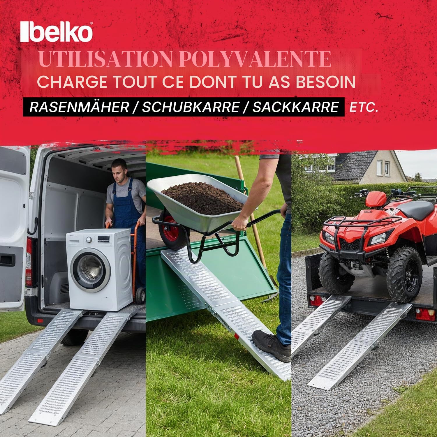 Belko® Lot de 2 rampes de chargement pliables, capacité de charge de 400 kg, 168 x 23 cm, pliables, en acier galvanisé, antidérapantes, perforées, pour voiture, moto, quad, ATV, remorque, rampe de