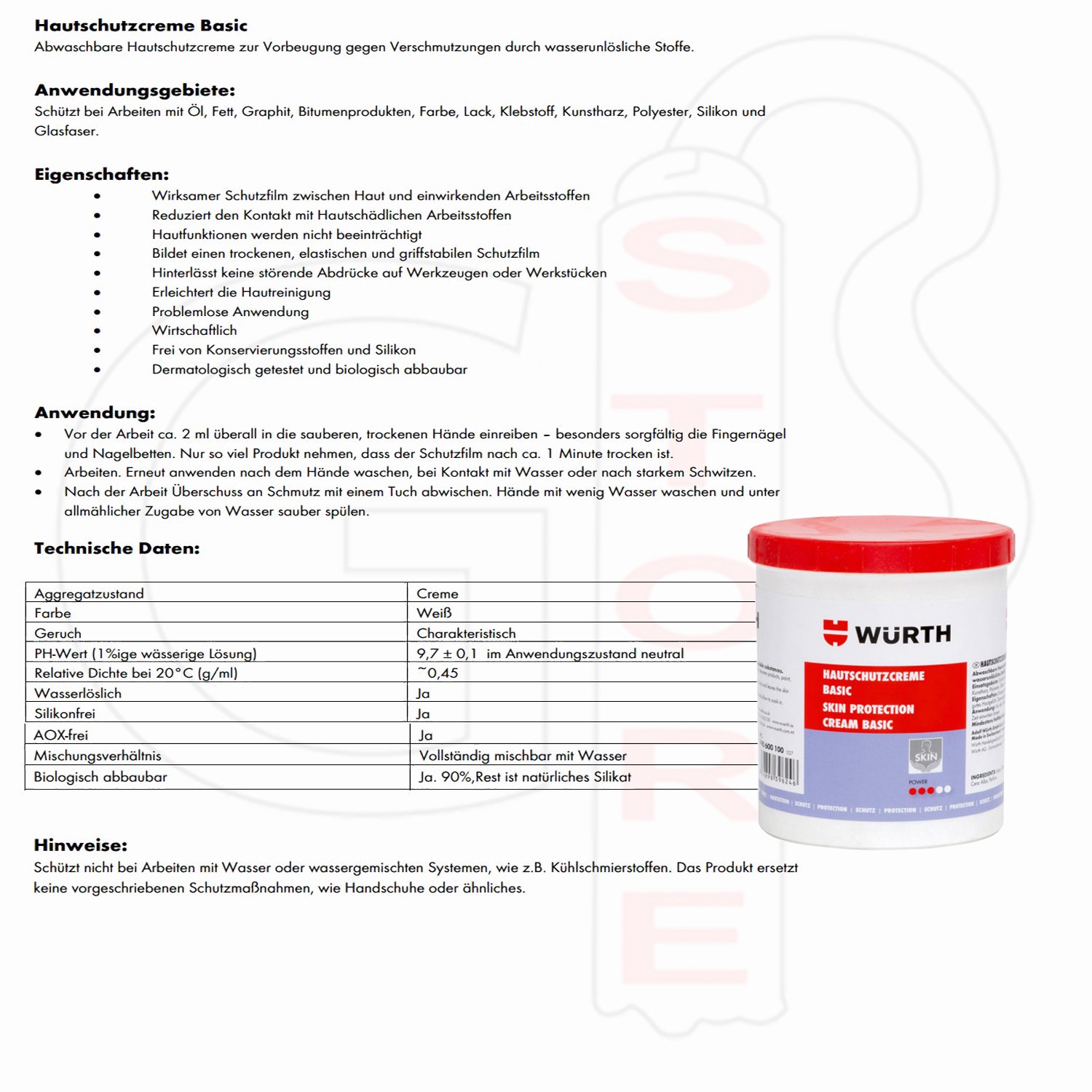 Hautschutzcreme Basic - 1000ml - Abwaschbare Hautschutzcreme zur Vorbeugung gegen Verschmutzungen durch wasserunlösliche Stoffe.