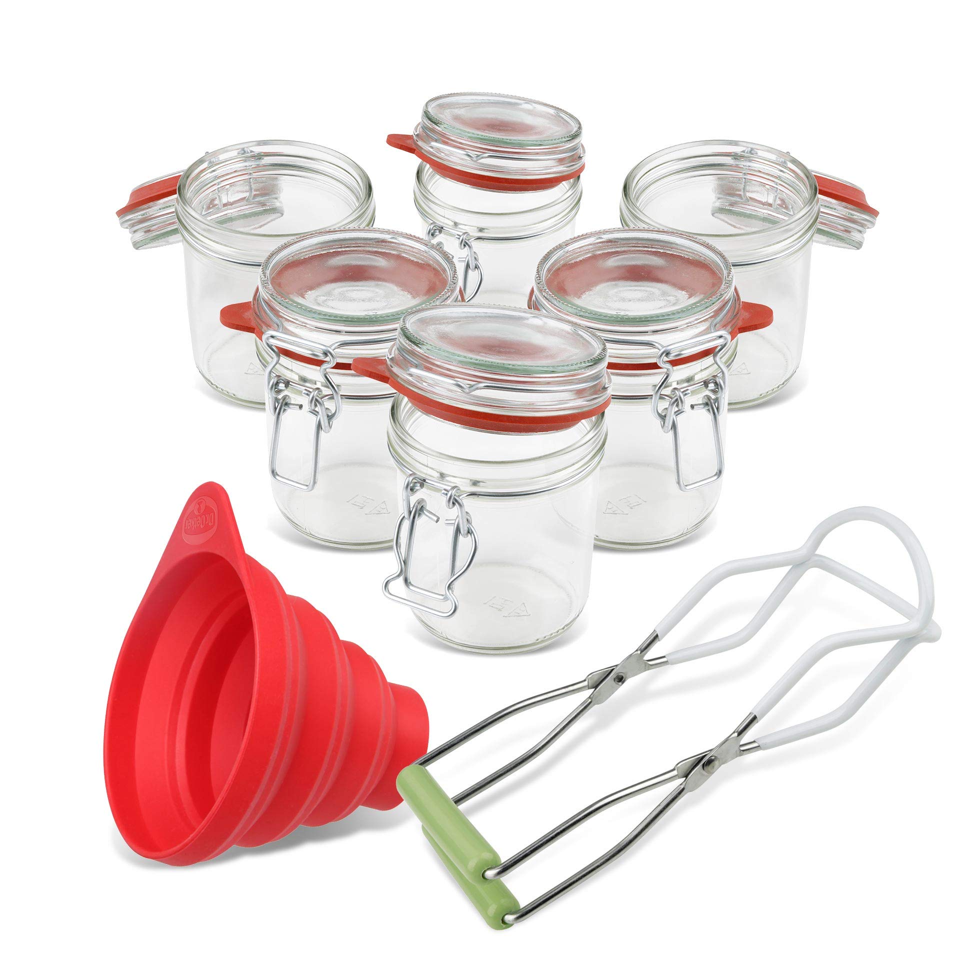 Dr. Oetker Einmachgläser mit Bügelverschluss 370 ml, Vorratsglas mit Trichter, Glasheber für luftdichte Marmeladengläser, vielseitiges Einweckglas (Farbe: Transparent/Rot), Menge: 1 x 8er Set