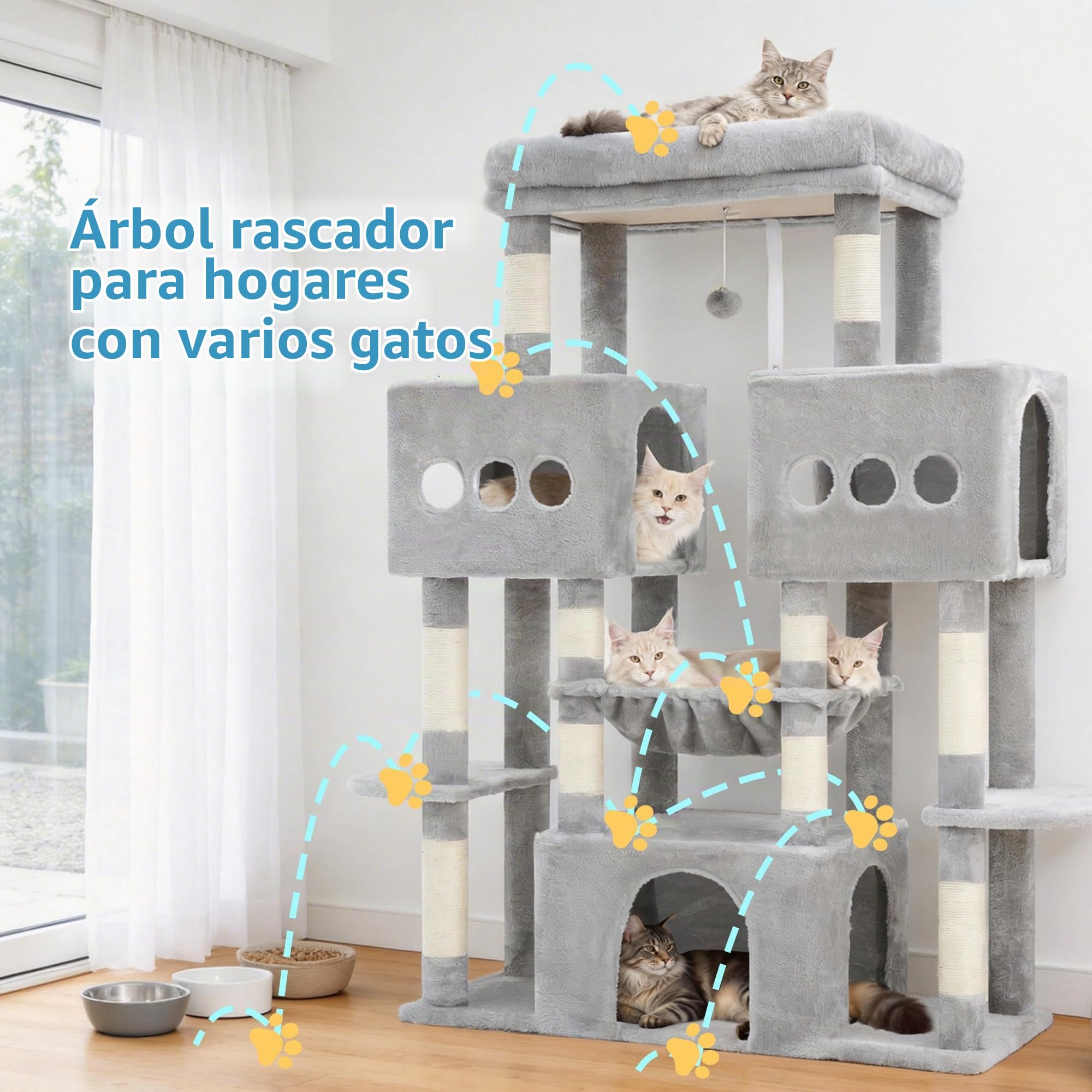 Hey‑brother Rascador para Gatos,con 3 Cuevas Grandes, Hamaca, MPJ083W | 144cm Árbol para Gatos con Plataformas Amplias, Pelota de peluche, para Gatos Grandes de Interior, Gris Claro