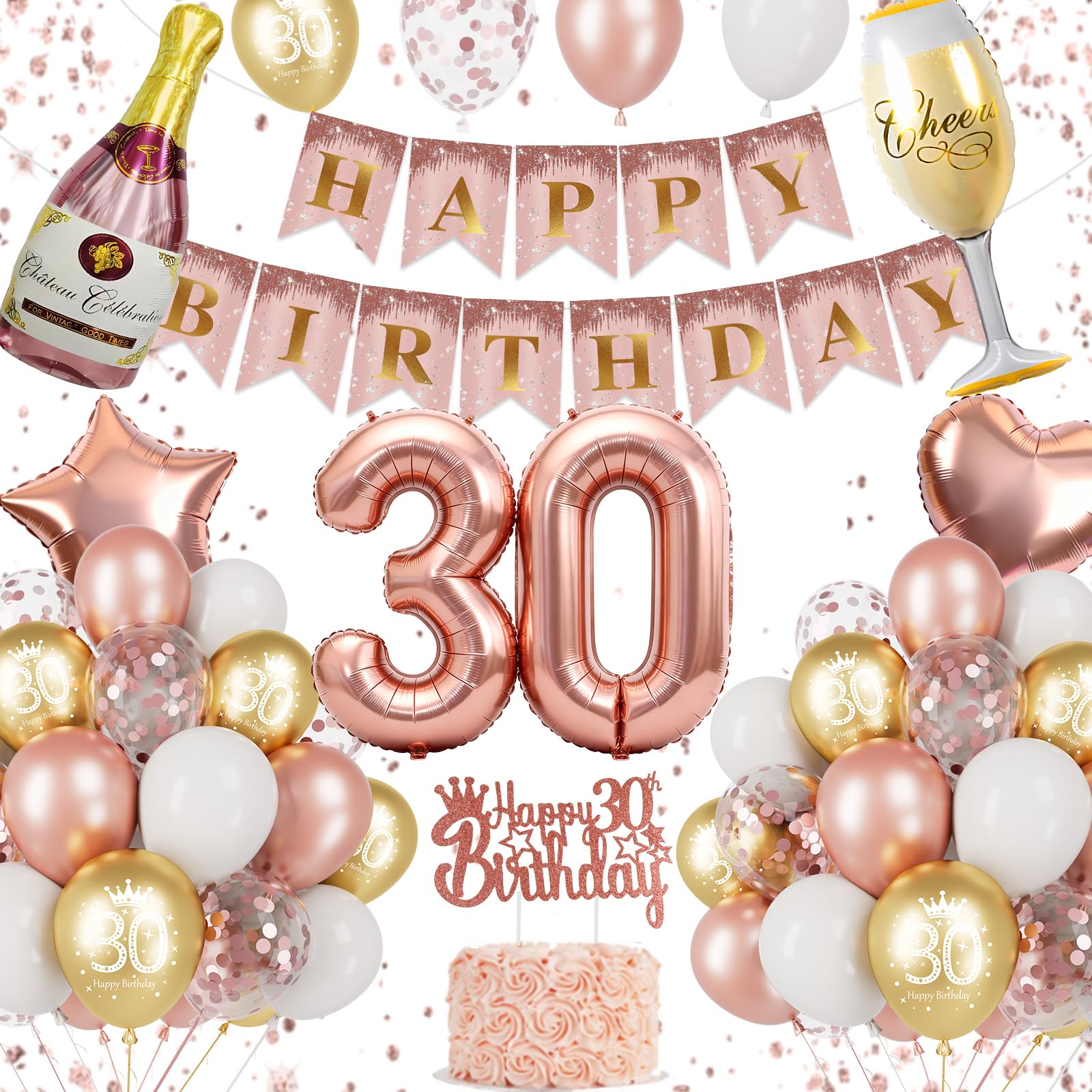 30th Birthday Decorations, Rose Gold 30th Birthday Decorations for Women, 30th Birthday Balloons, Birthday Banner, 30 Balloon, Champagne & Wine Glass Foil Balloons, Cake Topper, 30th Party Supplies