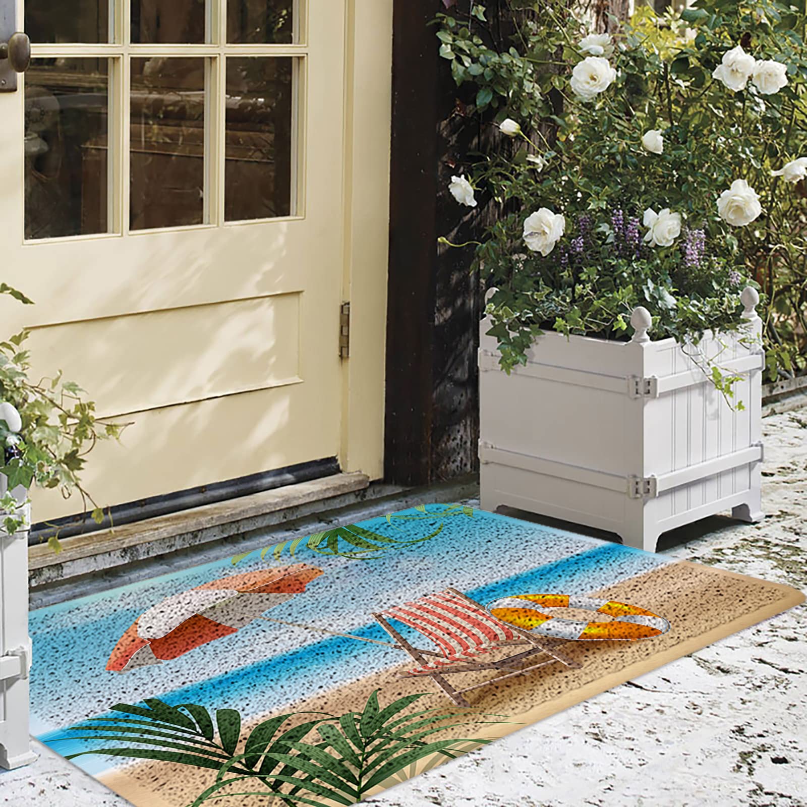 Indoor Outdoor Mat Heavy Duty Rubber Doormats, Summer Ocean Beach Sun Umbrella Deck Chair Palm Tree Happy Vacation Welcome Low-Profile Door Mats Absorbent Resist Dirt Rugs for Busy Areas