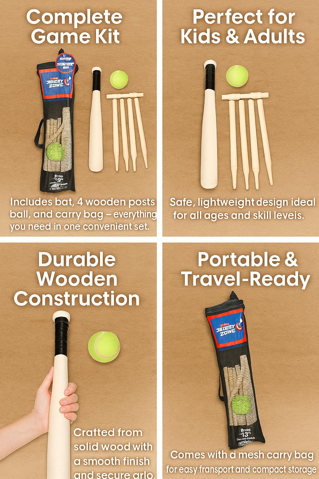 Juego completo de 6 piezas de madera para niños, mango antideslizante suave, para deportes al aire libre, con bolsa de transporte de malla