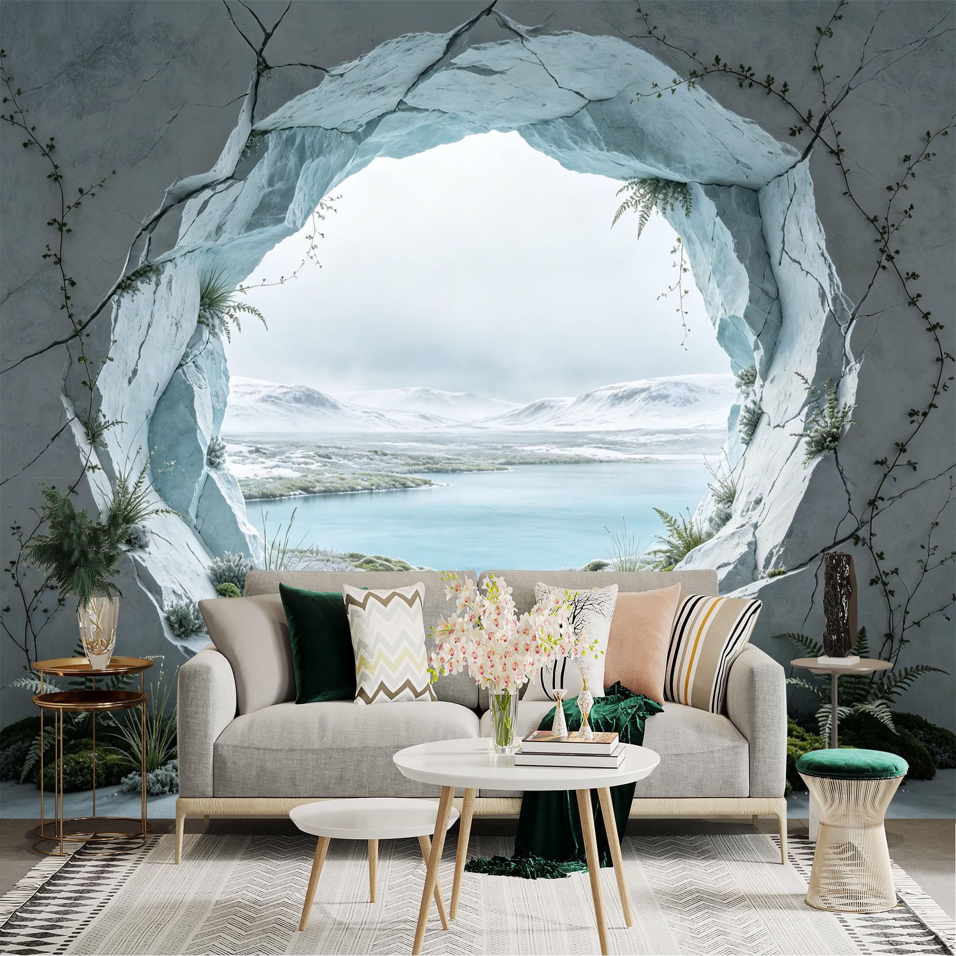 Custom Size Wall Sticker Mural， ICY Cave View with Snowy Mountains and Frozen Lake Landscape， for wall Decoration， peelandstick wall Decals.