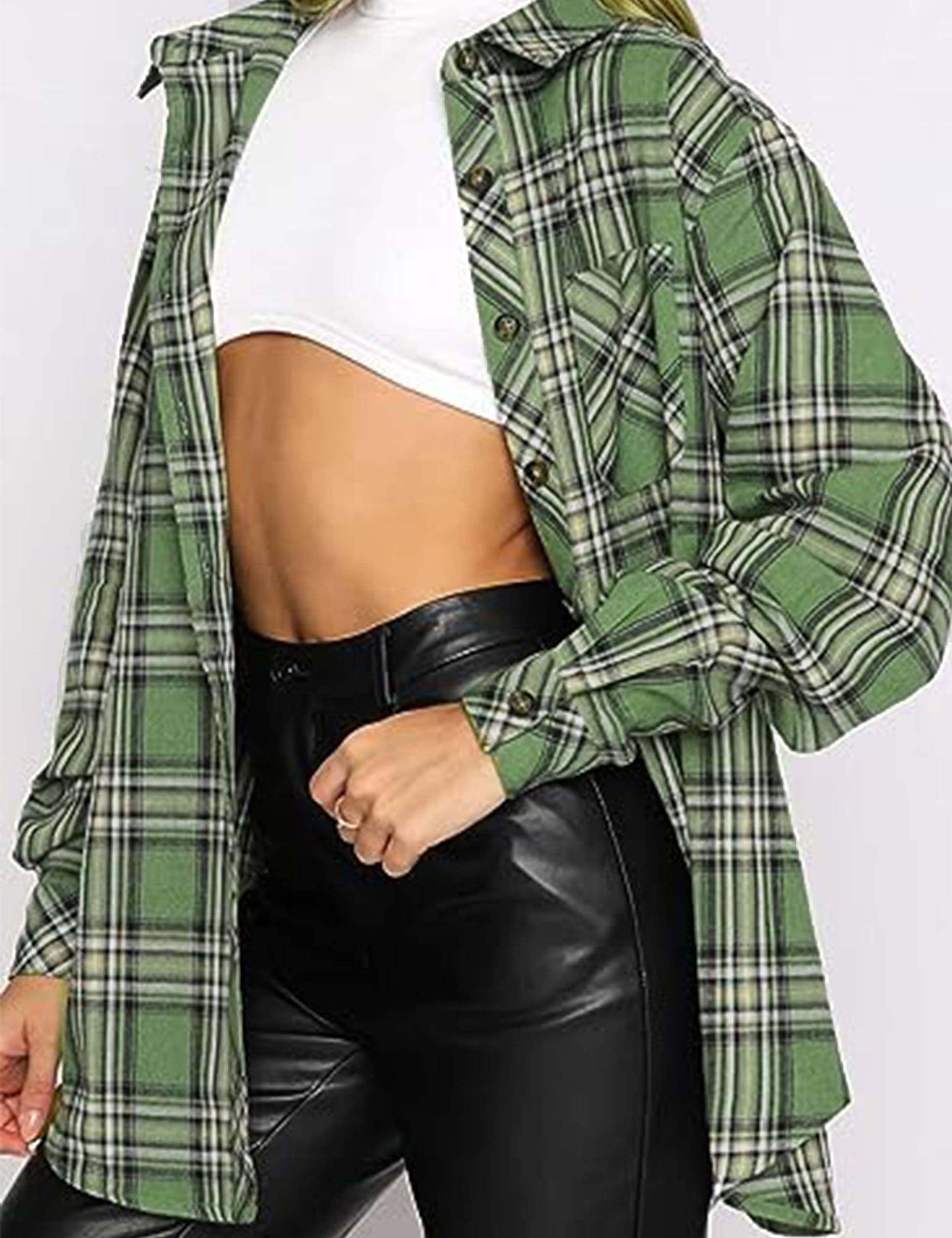 Zontroldy Camisas de franela a cuadros para mujer, de gran tamaño, manga larga, con botones, camisa a cuadros, Verde -Oliva, XL