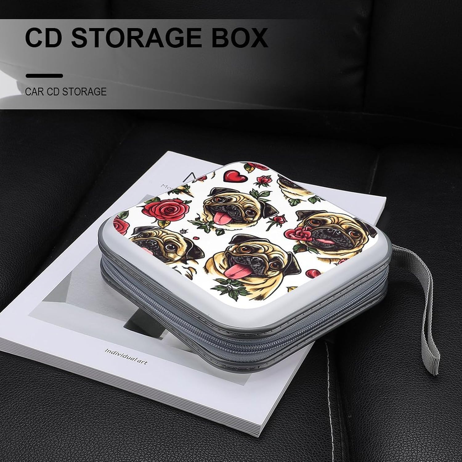 Pug Dog with Rose Flowers Protective CD Case Storage Rack 40 Capacity DVD Holder Organizer Car Travel