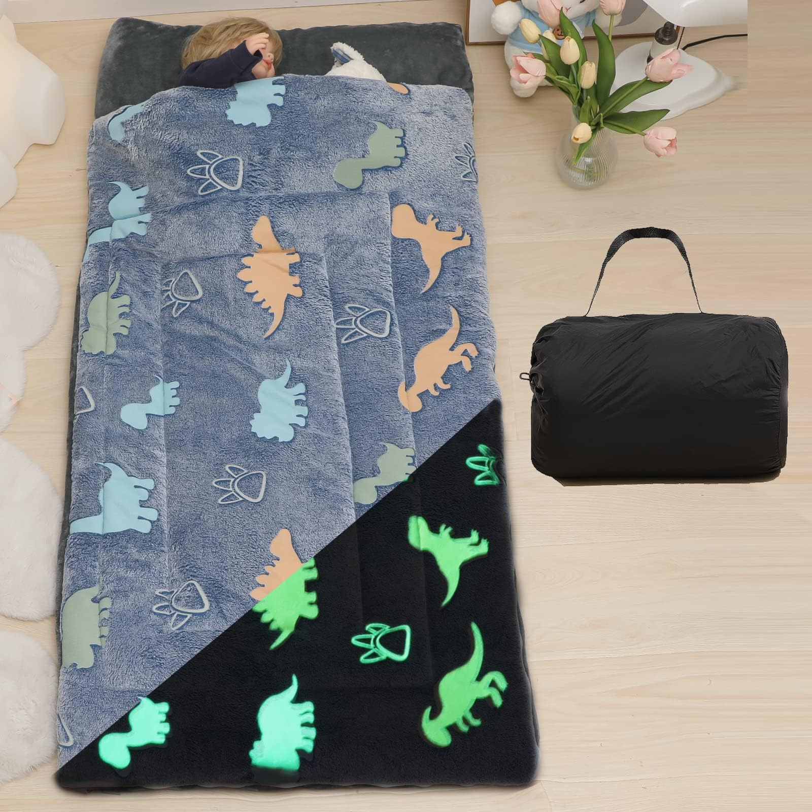 Kids Sleeping Bags for Boys Girls Glow in The Dark Stars Space Slumber Bag Super Soft Nap Mat for Daycare Sleepovers | with Zipper Pillow Pocket and Carrying Bag